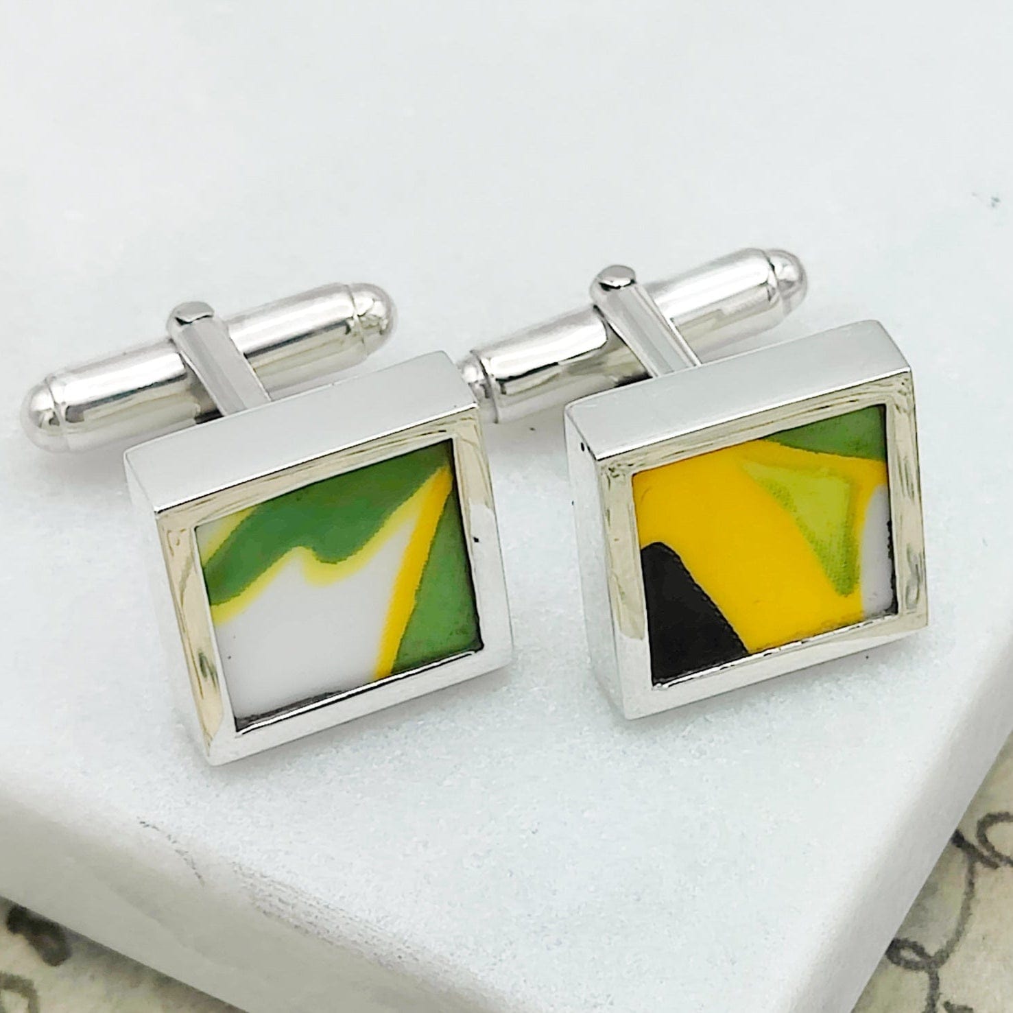 Hepburn and Hughes Art Deco Cufflinks | Clarice Cliff Pottery | Green and Yellow | Sterling Silver