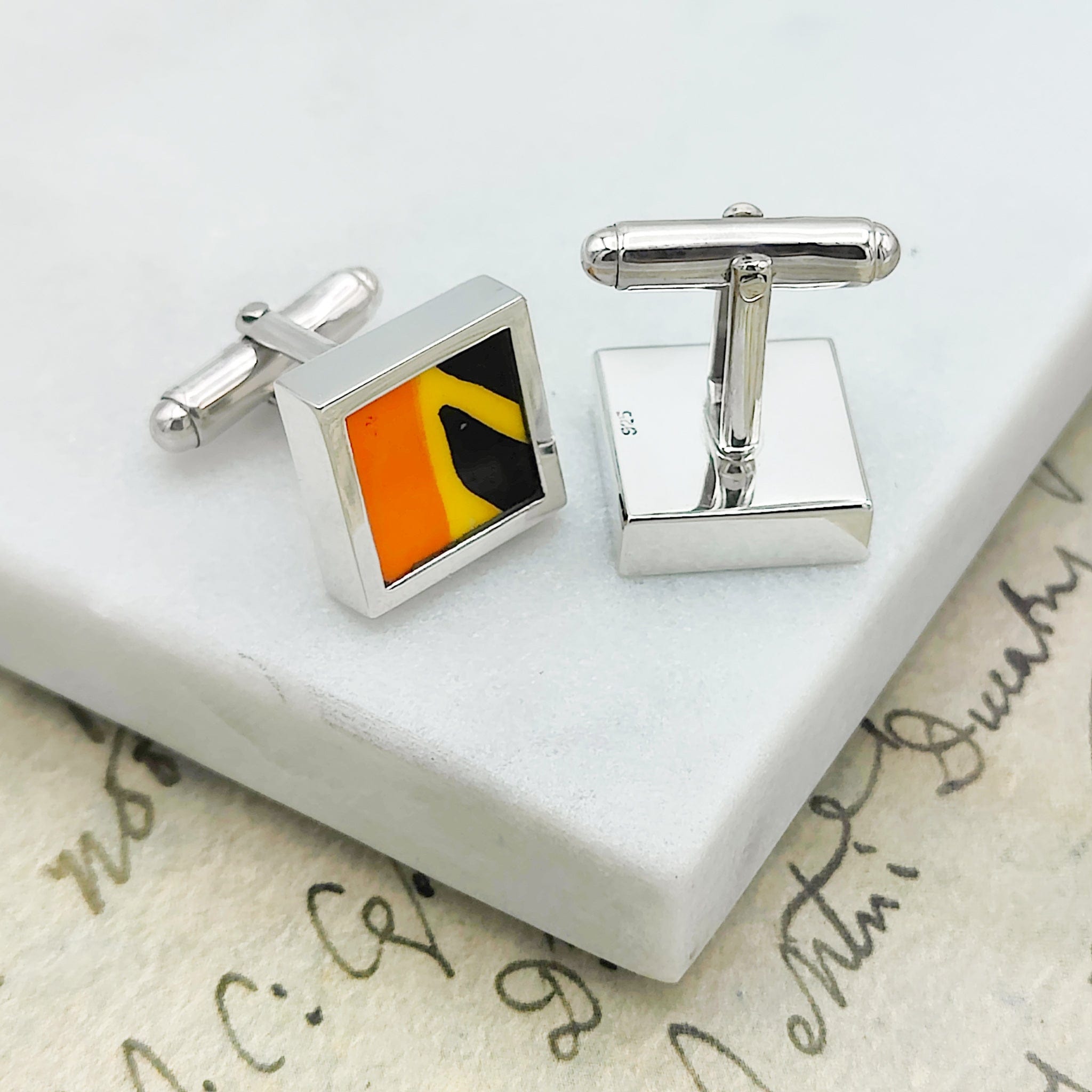 Hepburn and Hughes Art Deco Cufflinks | Clarice Cliff Pottery | Orange, Yellow and Black | Sterling Silver