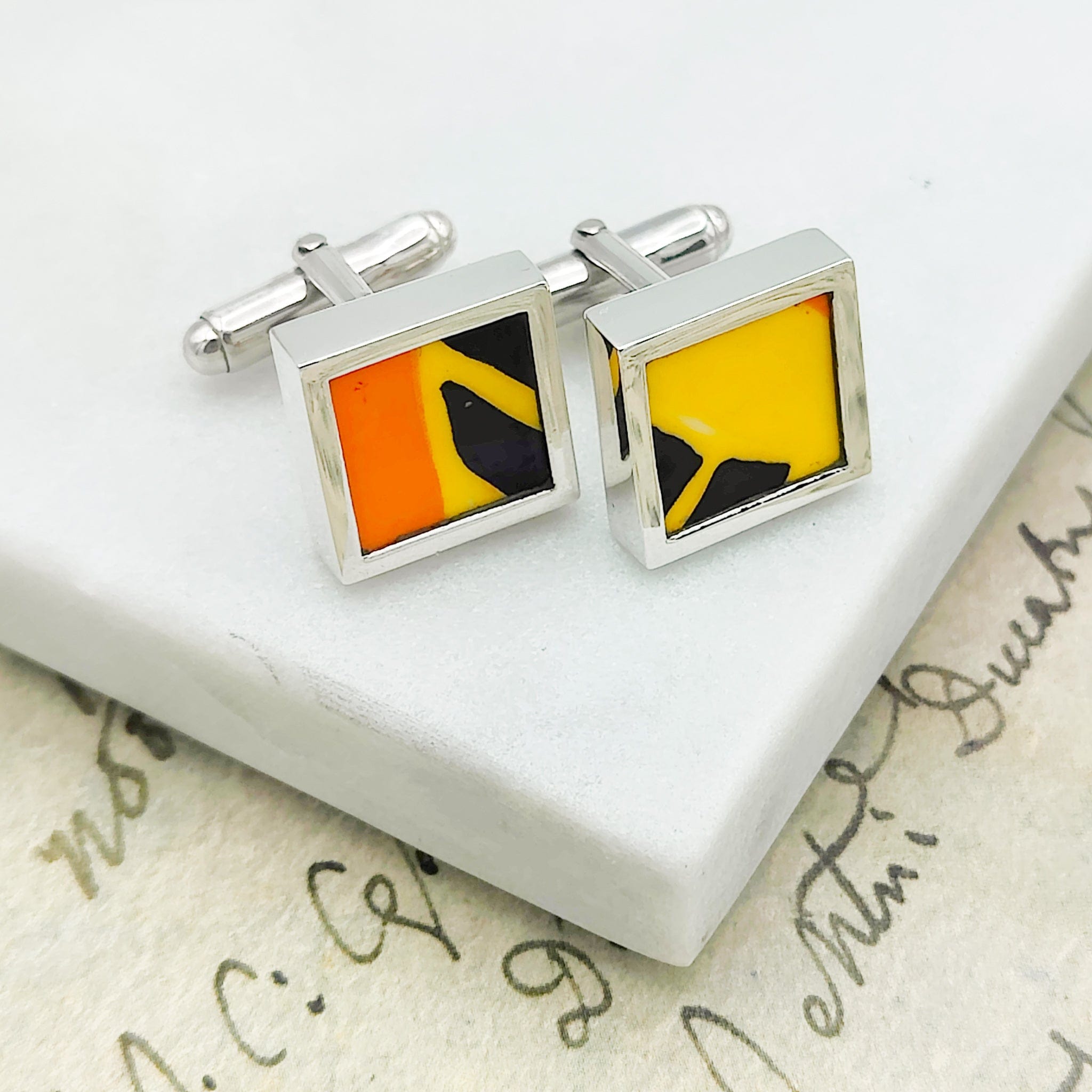 Hepburn and Hughes Art Deco Cufflinks | Clarice Cliff Pottery | Orange, Yellow and Black | Sterling Silver