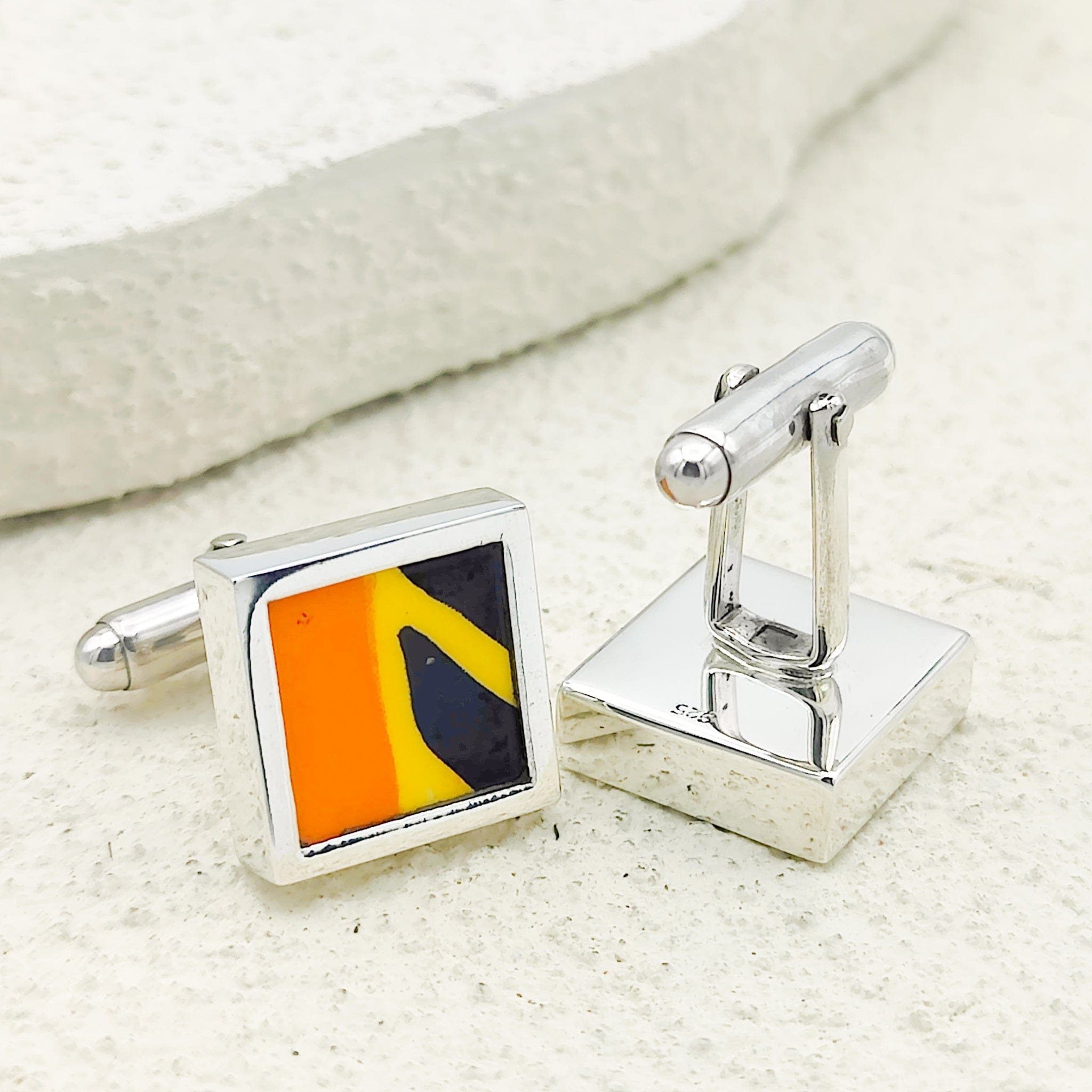 Hepburn and Hughes Art Deco Cufflinks | Clarice Cliff Pottery | Orange, Yellow and Black | Sterling Silver