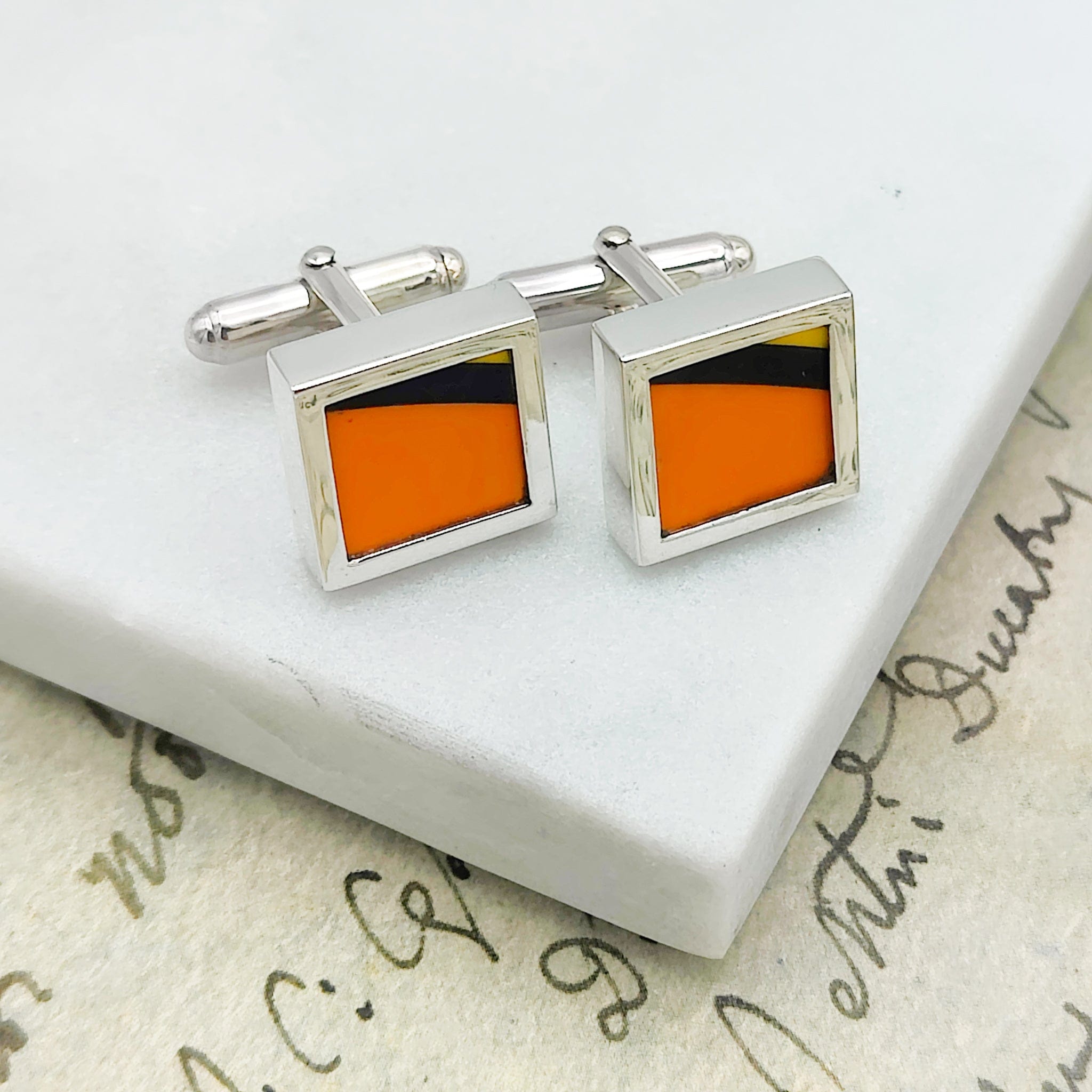 Hepburn and Hughes Art Deco Cufflinks | Clarice Cliff Pottery | Orange, Yellow and Black | Sterling Silver
