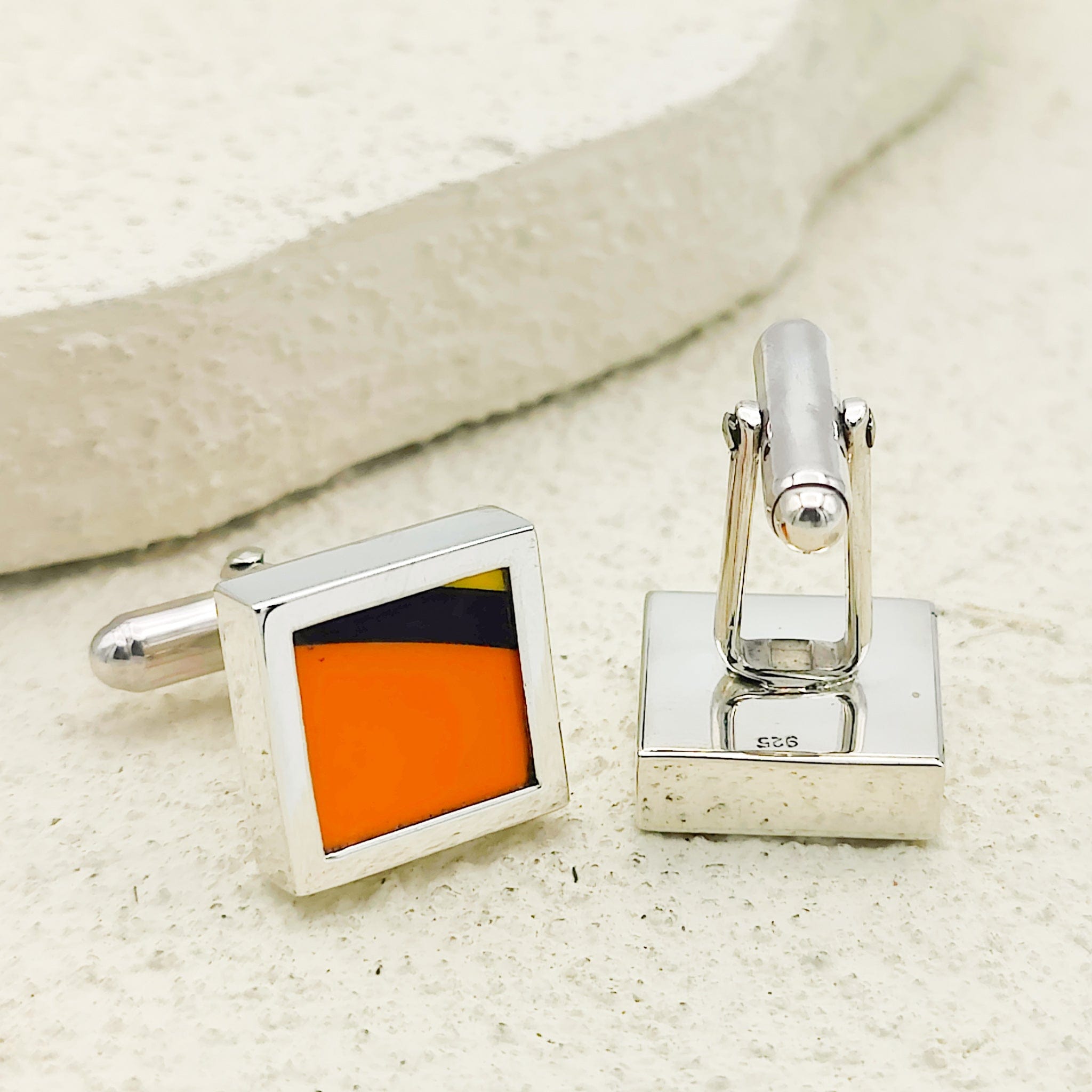 Hepburn and Hughes Art Deco Cufflinks | Clarice Cliff Pottery | Orange, Yellow and Black | Sterling Silver