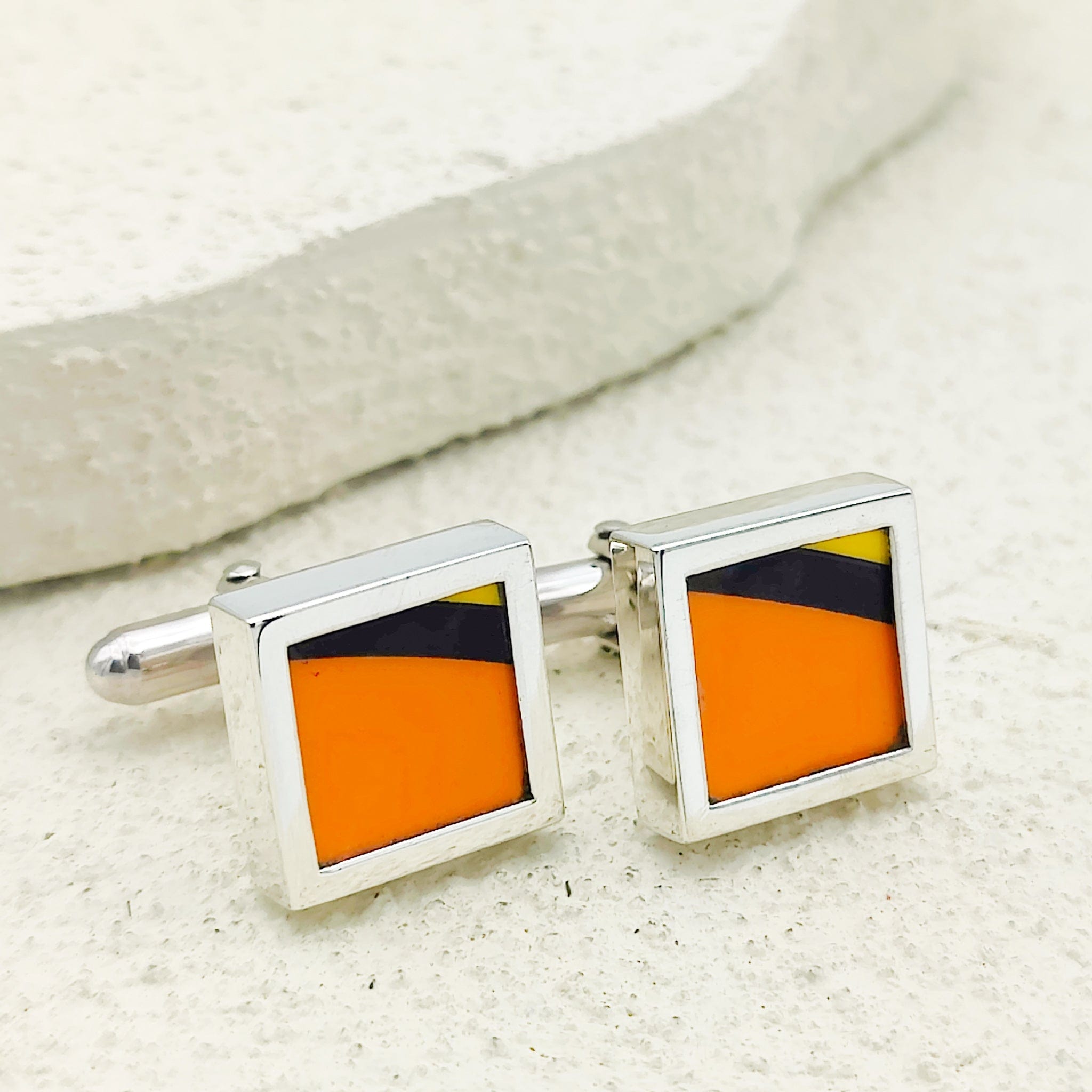 Hepburn and Hughes Art Deco Cufflinks | Clarice Cliff Pottery | Orange, Yellow and Black | Sterling Silver