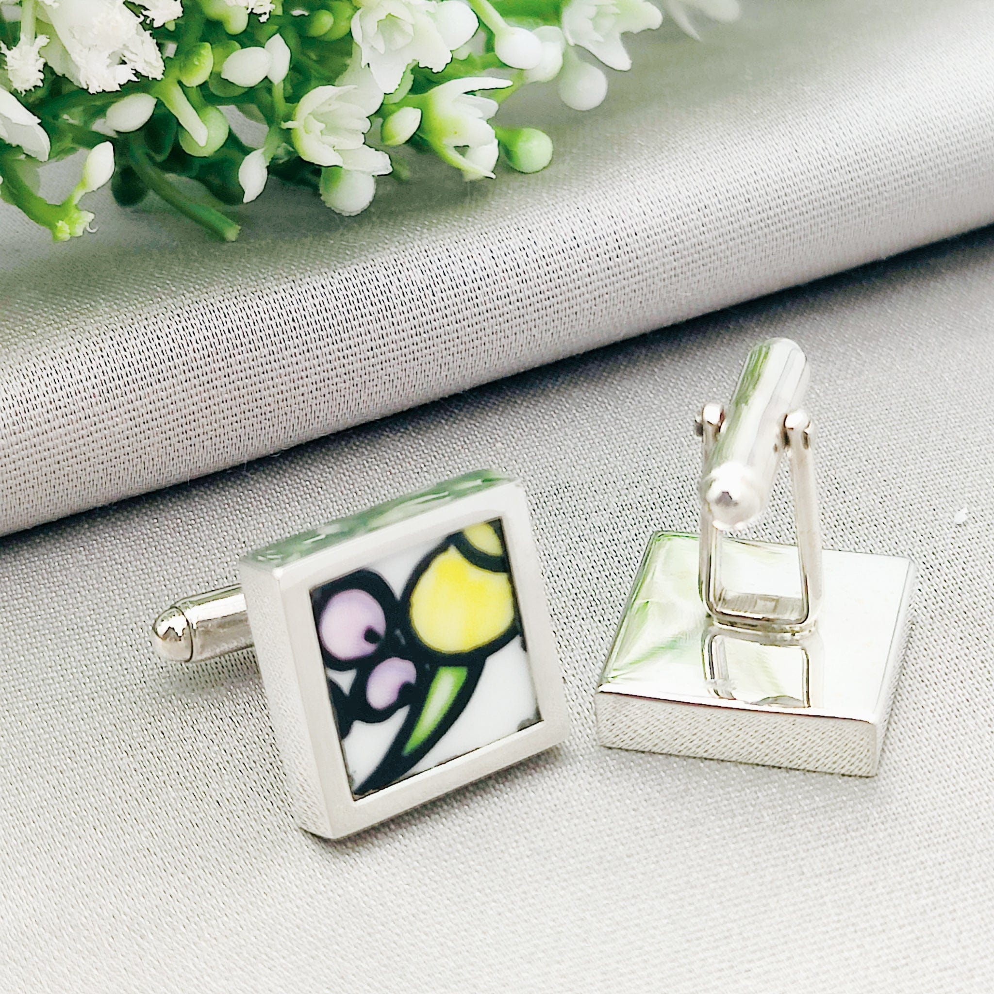 Hepburn and Hughes Art Deco cufflinks | Clarice Cliff Pottery | Purple Mix | 17mm Square | sterling silver
