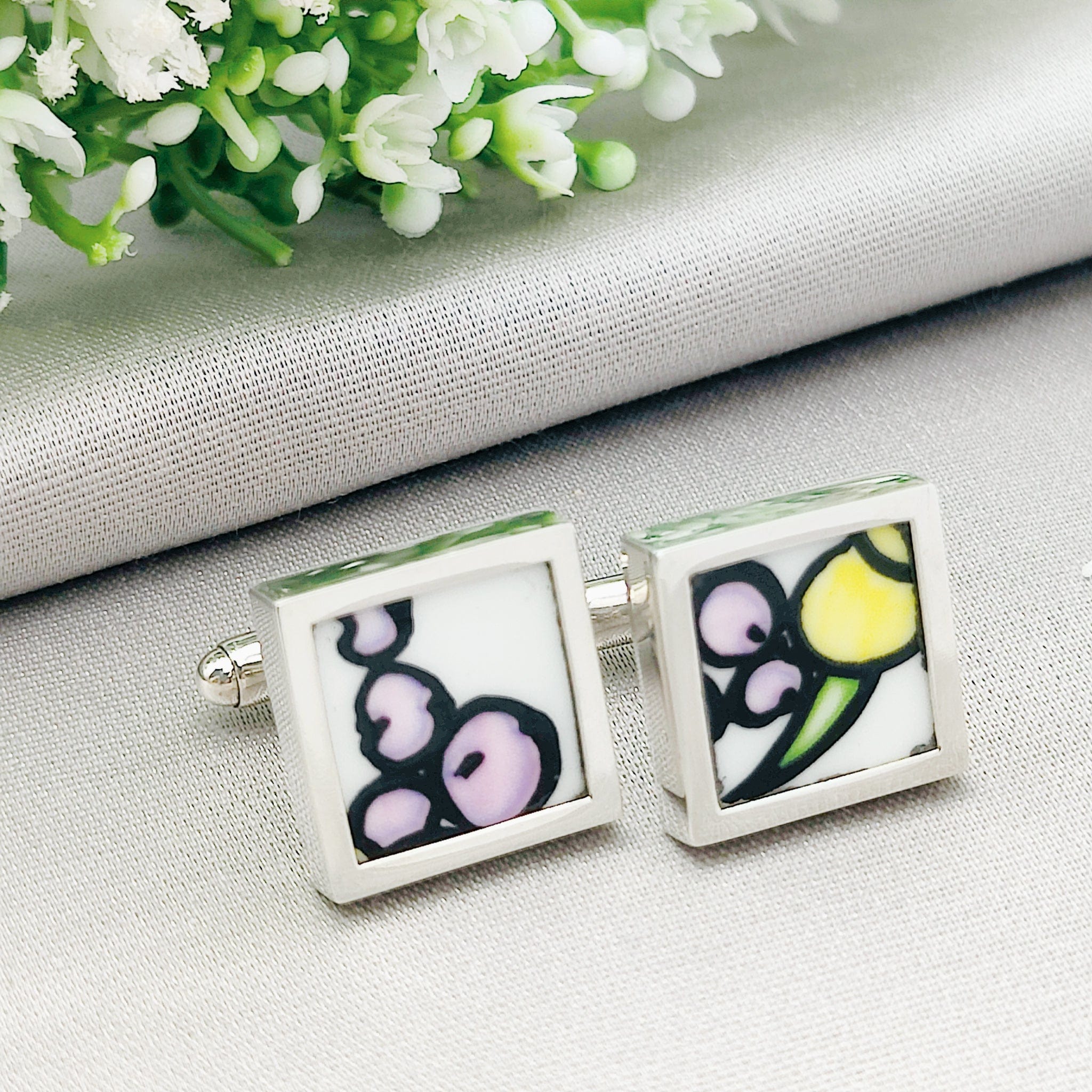Hepburn and Hughes Art Deco cufflinks | Clarice Cliff Pottery | Purple Mix | 17mm Square | sterling silver