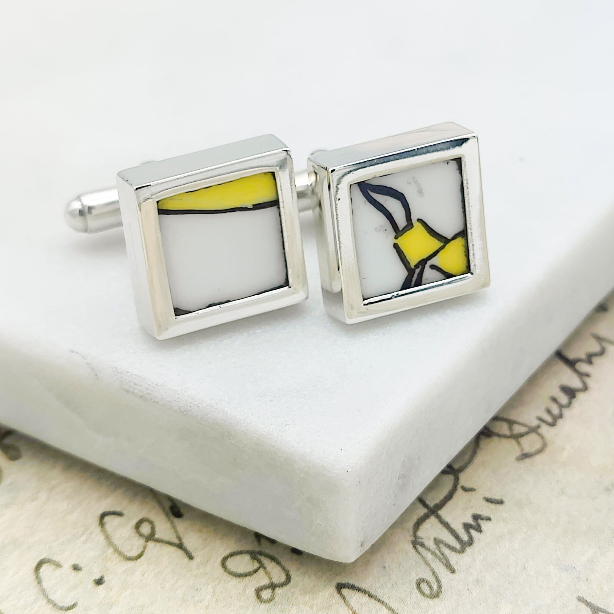 Hepburn and Hughes Art Deco Cufflinks | Clarice Cliff Pottery | Square Yellow, White and Black | Sterling Silver