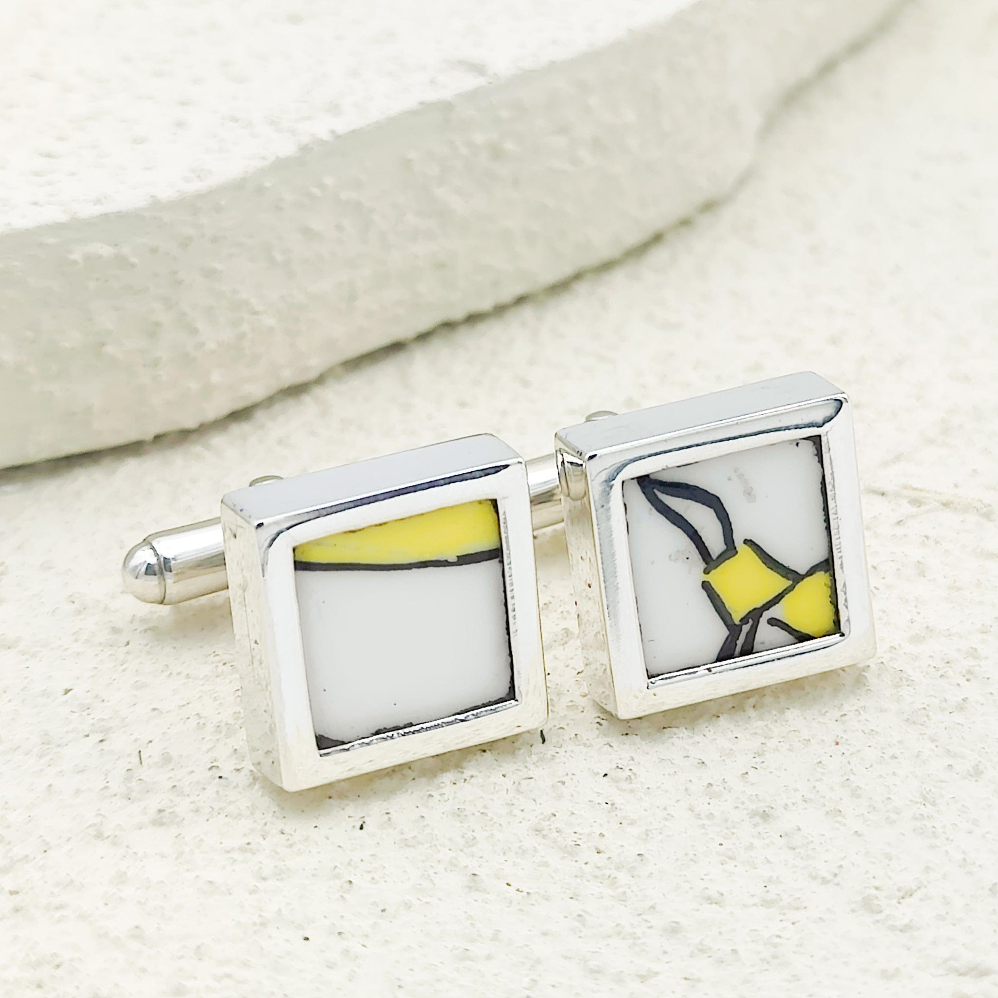 Hepburn and Hughes Art Deco Cufflinks | Clarice Cliff Pottery | Square Yellow, White and Black | Sterling Silver