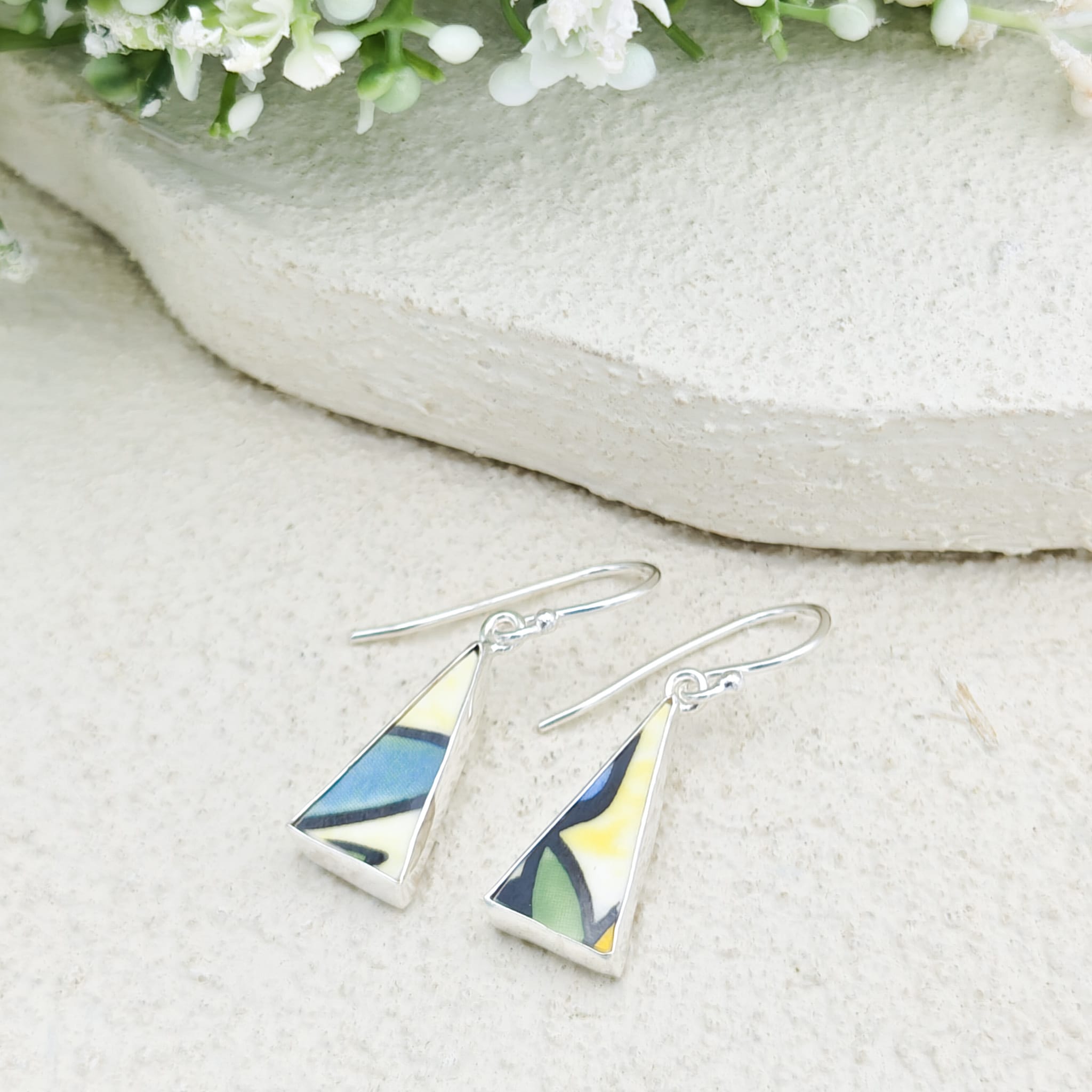 Hepburn and Hughes Art Deco Earrings | Clarice Cliff | 20mm Ceramic Triangles | Sterling Silver