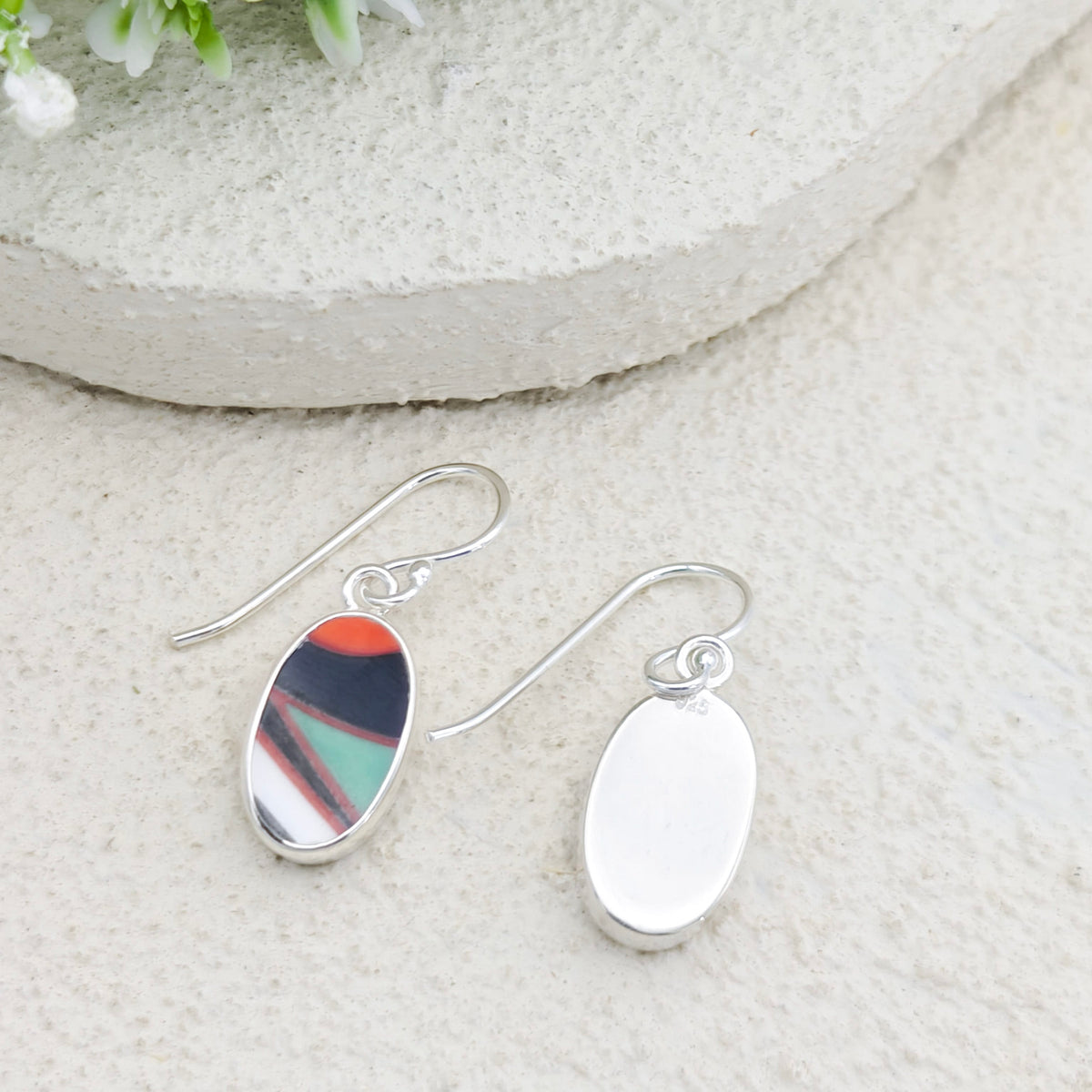 Hepburn and Hughes Art Deco Earrings | Clarice Cliff Ceramics | Green and Orange Patterns | Sterling Silver