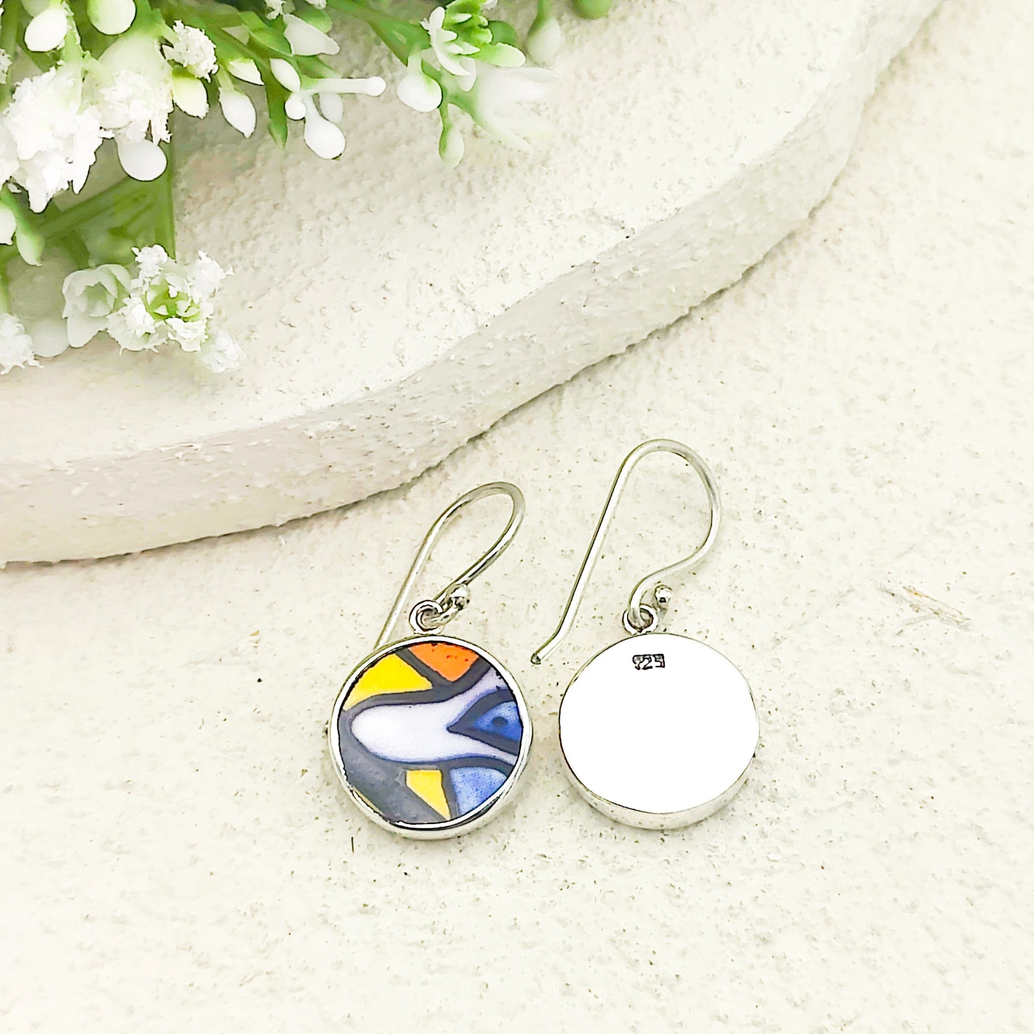 Hepburn & Hughes Art Deco Earrings | Clarice Cliff Ceramics | Yellow, Purple and Black Circles | Sterling Silver