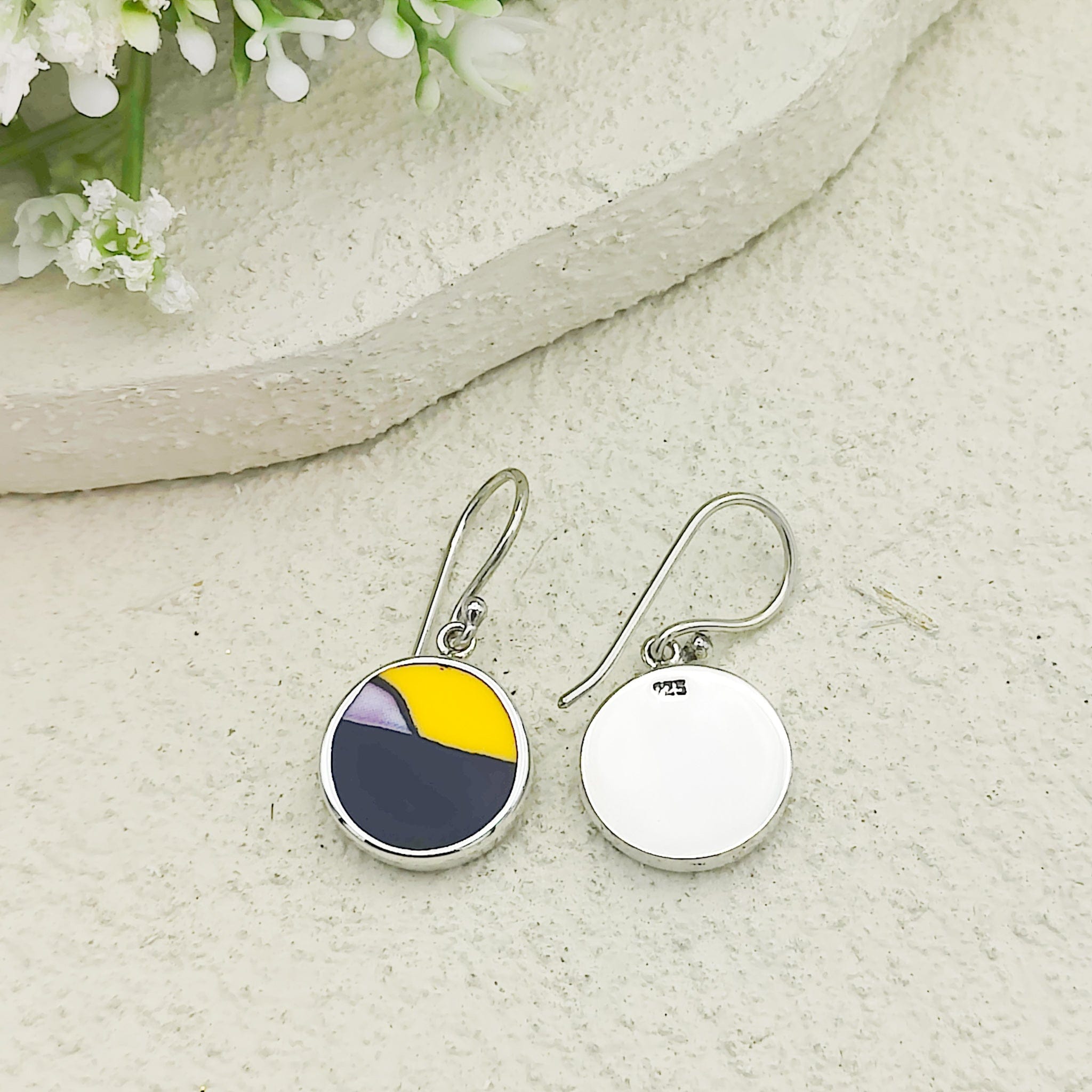 Hepburn & Hughes Art Deco Earrings | Clarice Cliff Ceramics | Yellow, Purple and Black Circles | Sterling Silver