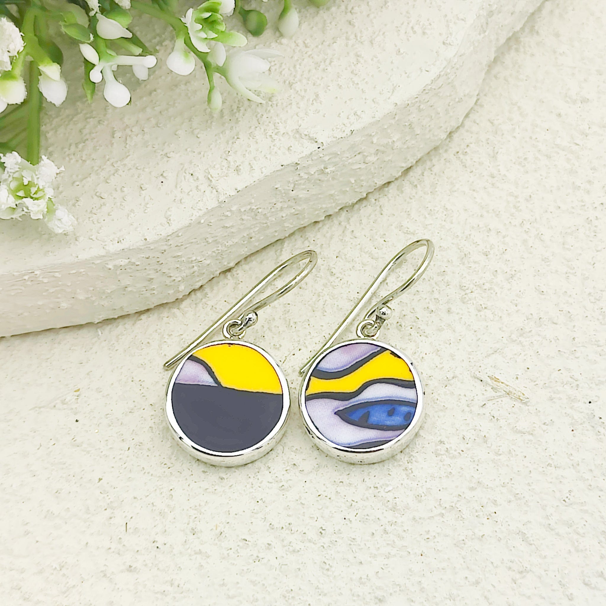 Hepburn & Hughes Art Deco Earrings | Clarice Cliff Ceramics | Yellow, Purple and Black Circles | Sterling Silver