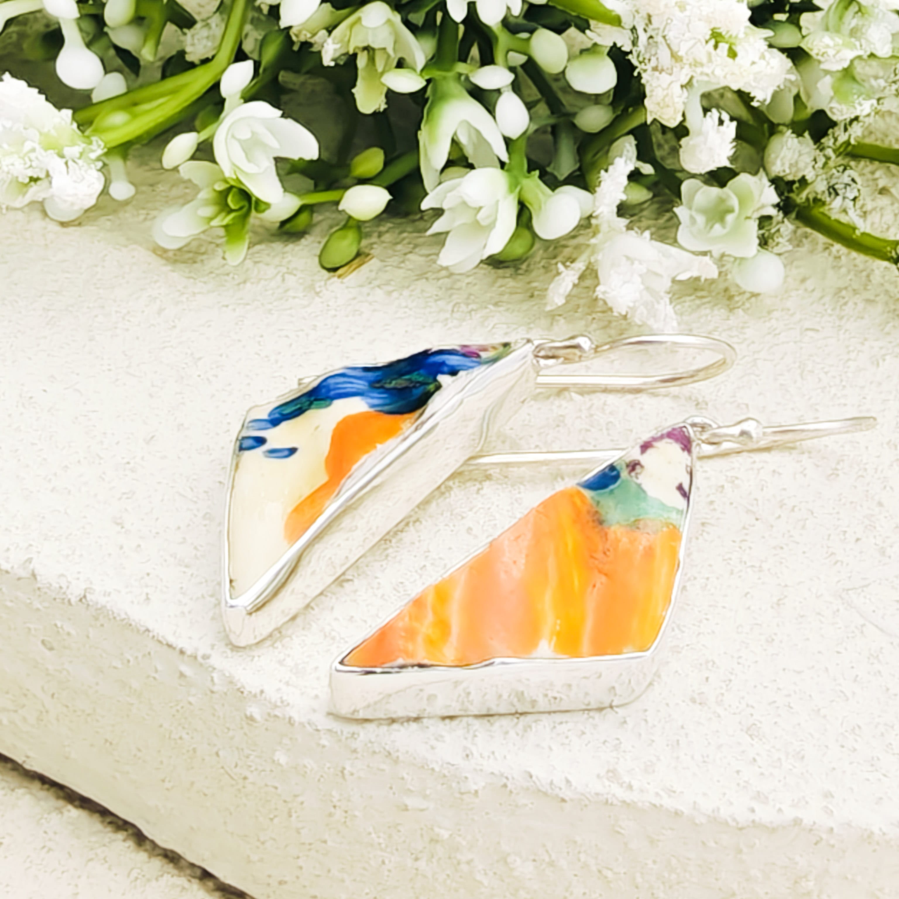 Hepburn and Hughes Art Deco Earrings | Original Clarice Cliff Pottery | Crocus Design | Sterling Silver