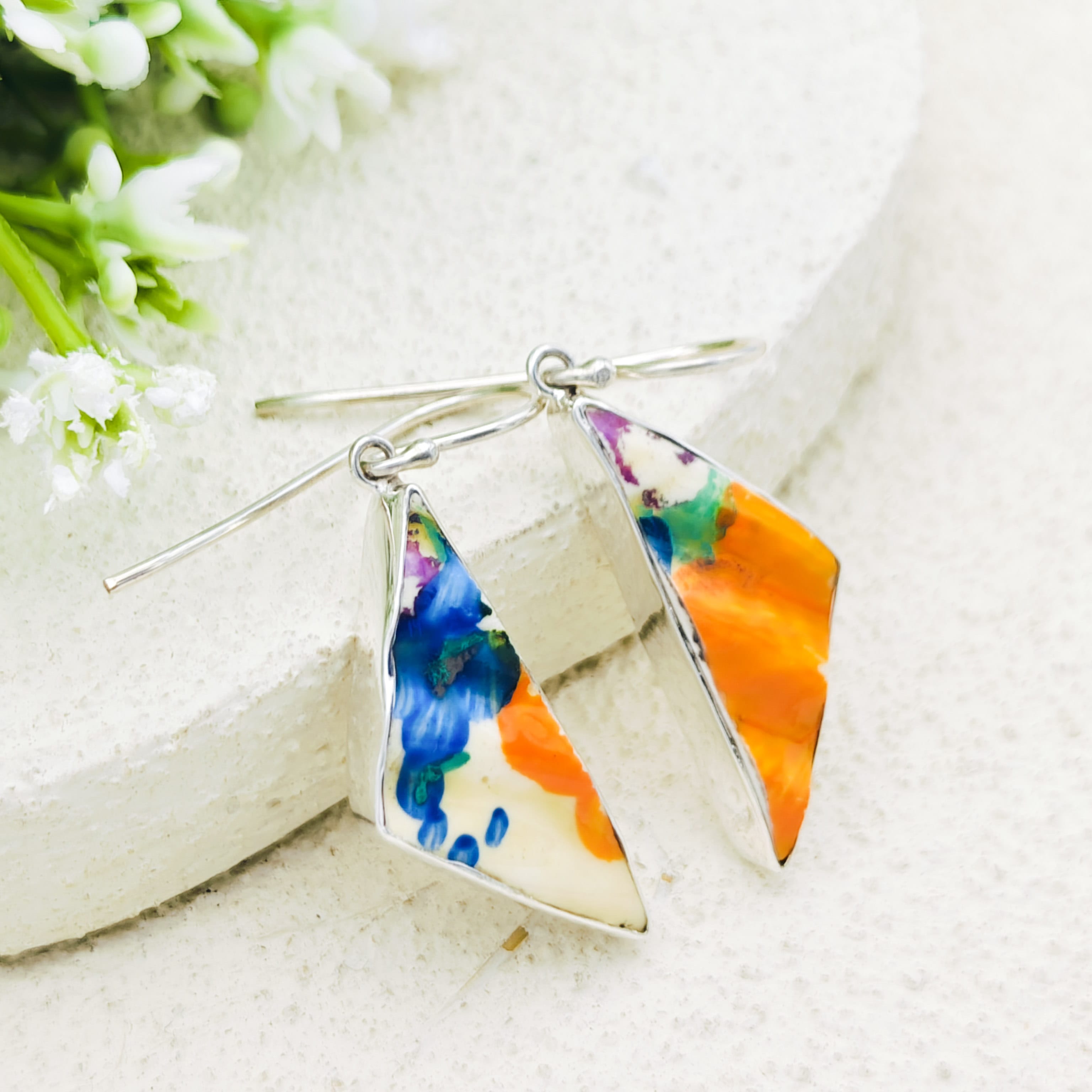 Hepburn and Hughes Art Deco Earrings | Original Clarice Cliff Pottery | Crocus Design | Sterling Silver