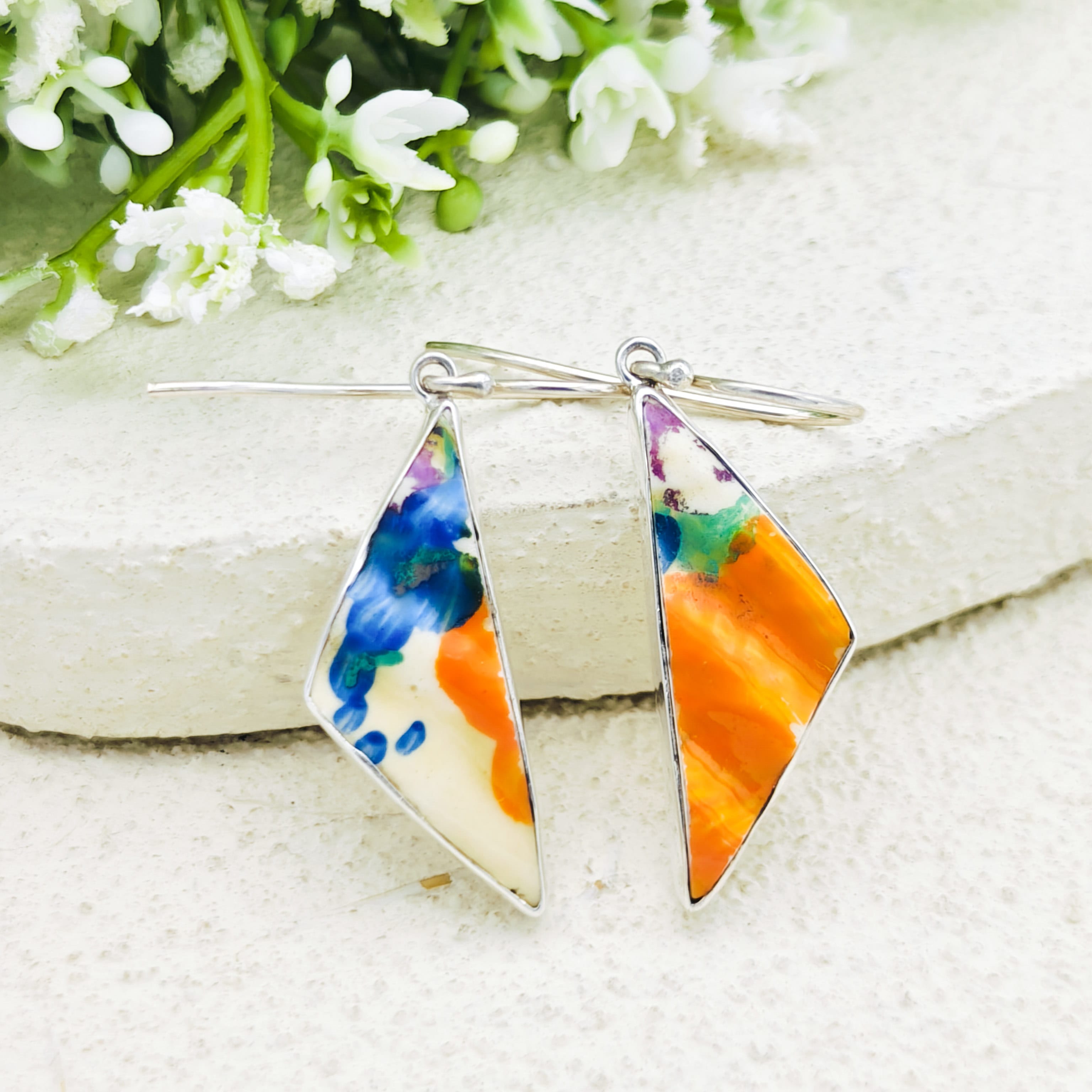 Hepburn and Hughes Art Deco Earrings | Original Clarice Cliff Pottery | Crocus Design | Sterling Silver