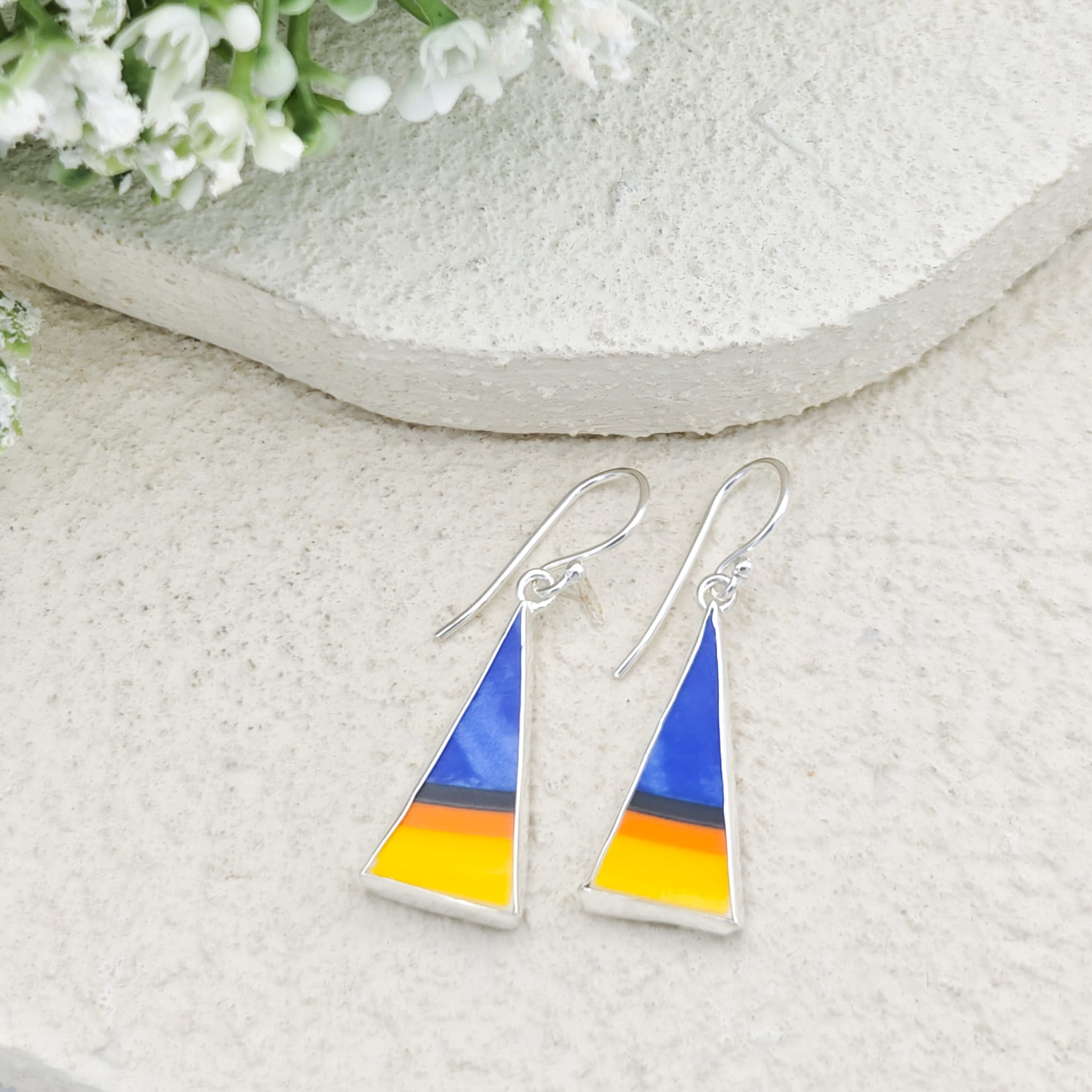 Hepburn and Hughes Art Deco Earrings | Upcycled Clarice Cliff Pottery | 20mm Orange and Blue Triangular | Sterling Silver