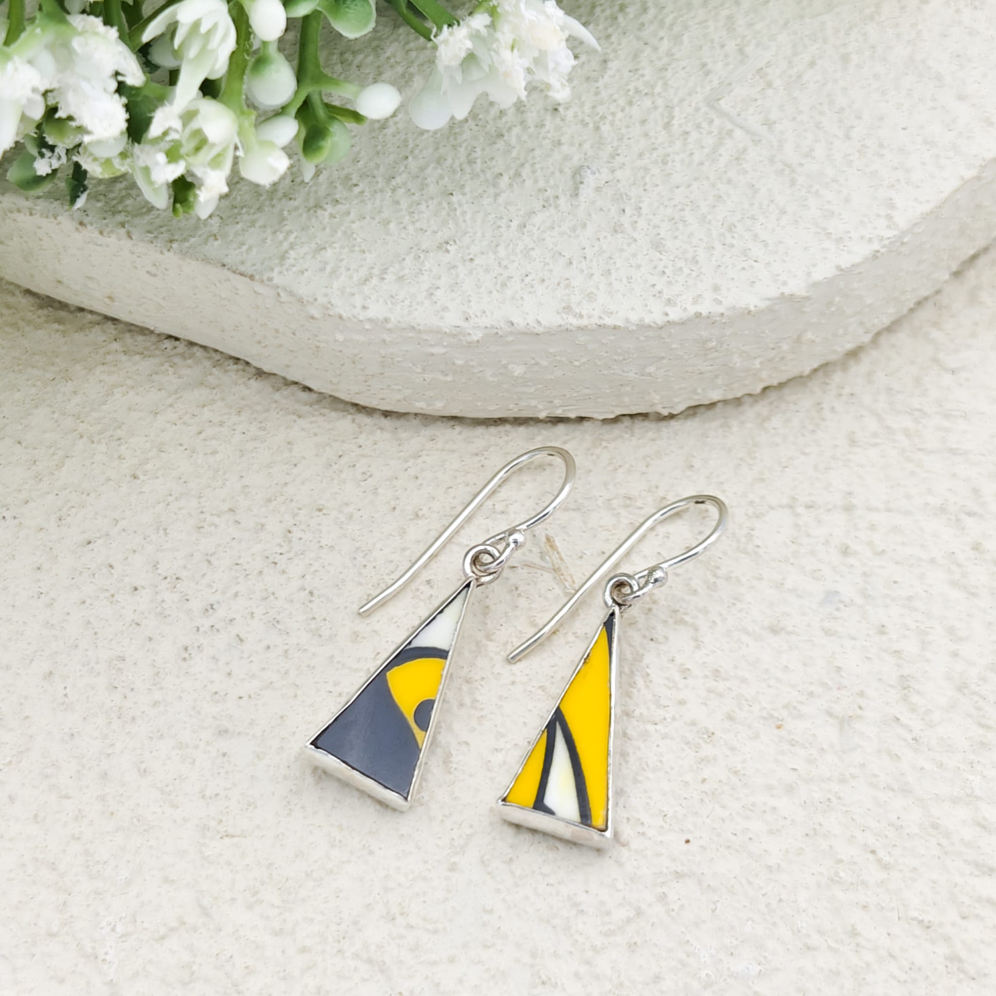 Hepburn and Hughes Art Deco Earrings | Upcycled Clarice Cliff Pottery | 20mm Orange and Blue Triangular | Sterling Silver