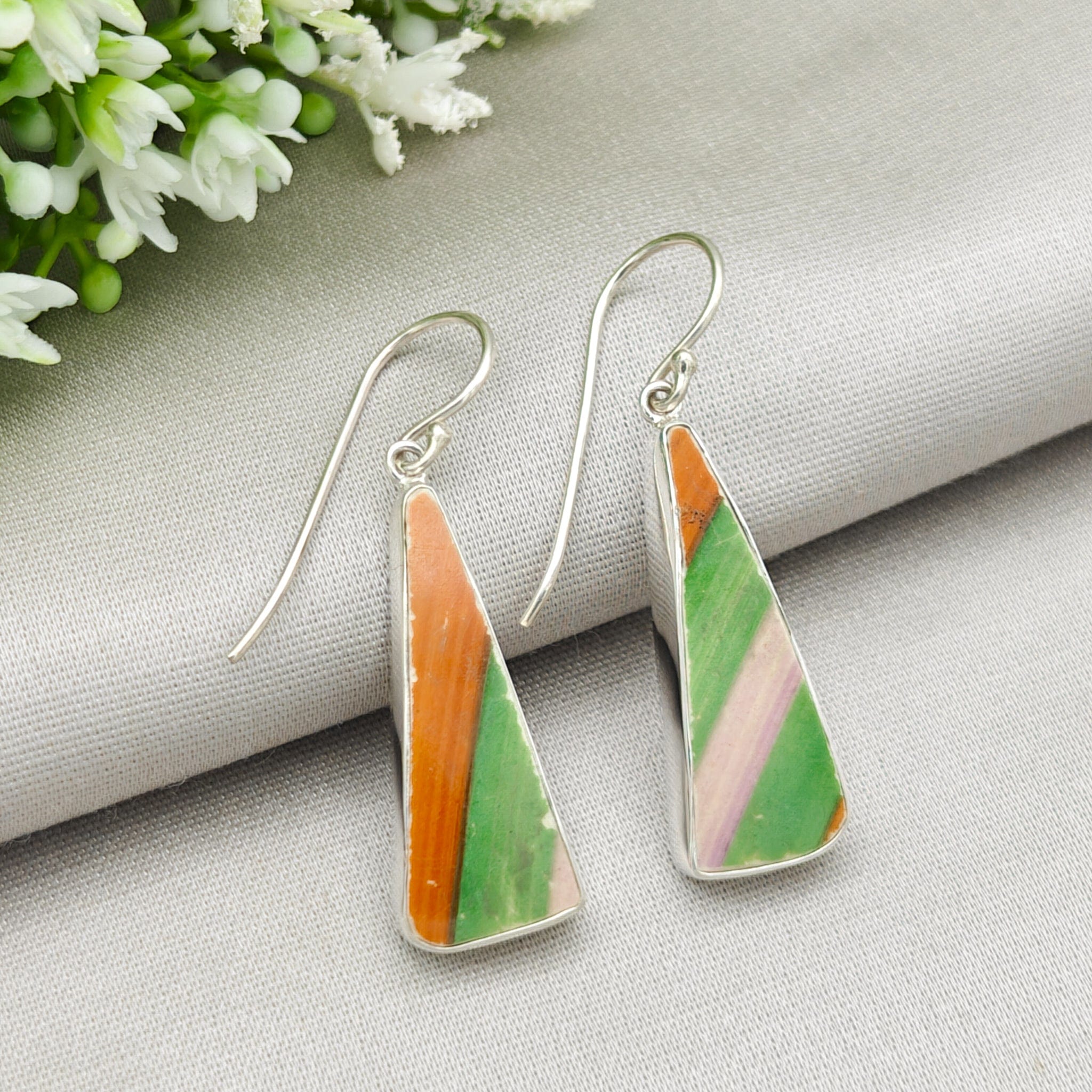 Hepburn and Hughes Art Deco Long Drop Earrings | 32mm length | Original Clarice Cliff Pottery | Sterling Silver