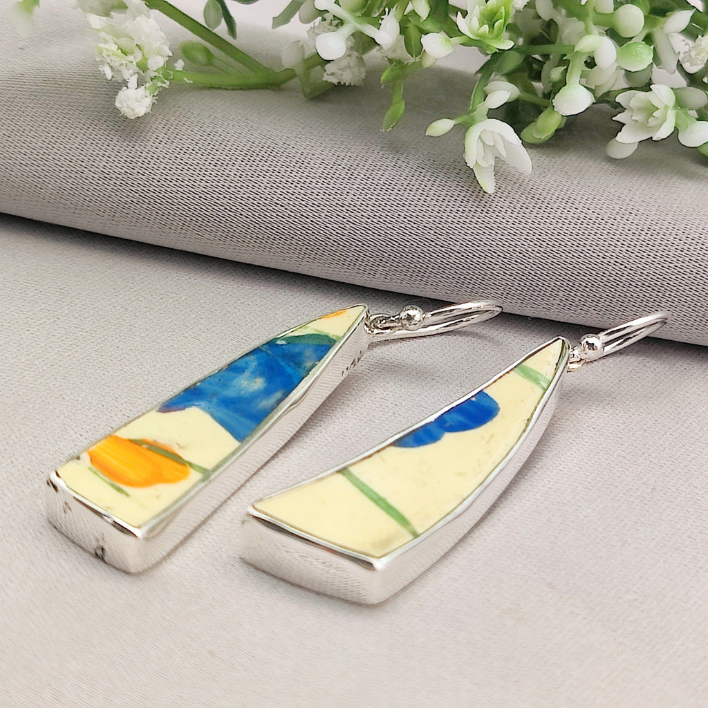 Hepburn and Hughes Art Deco Long Drop Earrings | 42mm length | Original Clarice Cliff Pottery | Sterling Silver