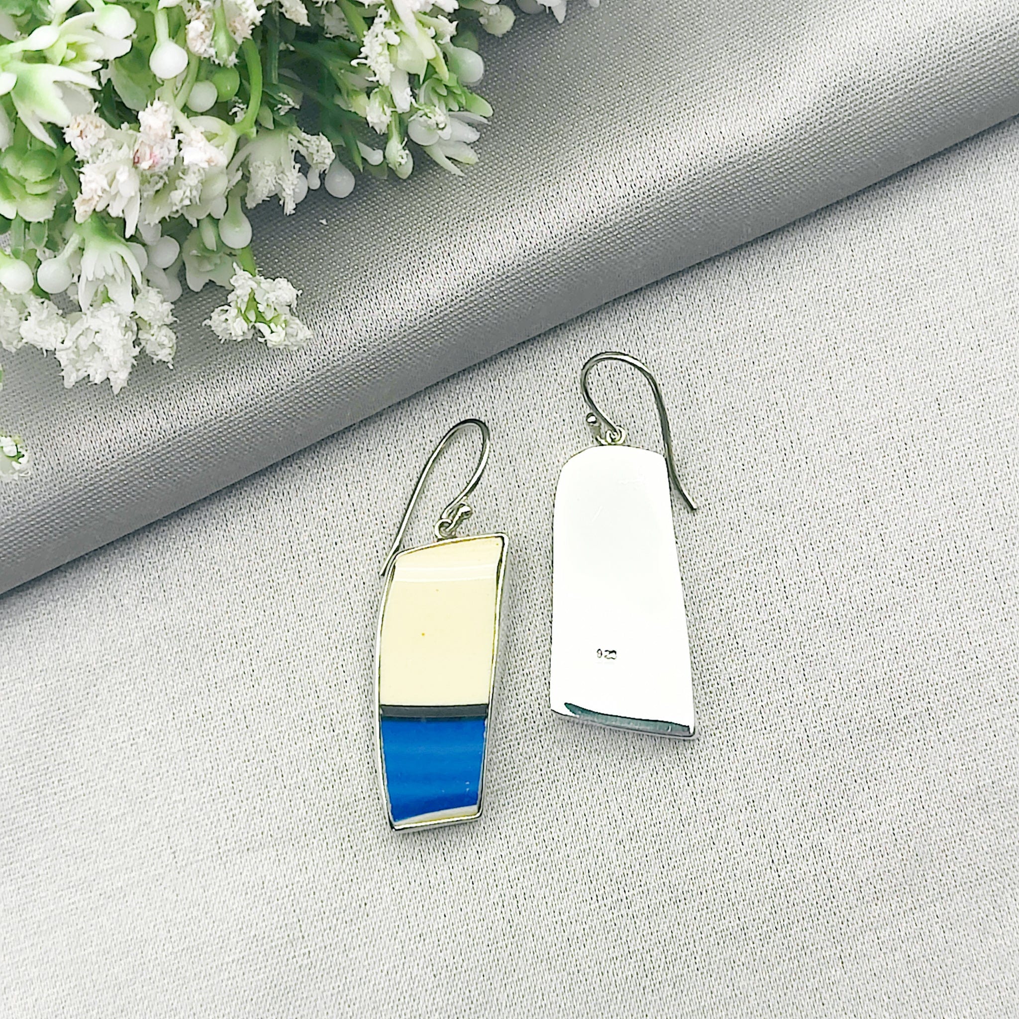 Hepburn and Hughes Art Deco Long Drop Earrings | 42mm length | Original Clarice Cliff Pottery | Sterling Silver