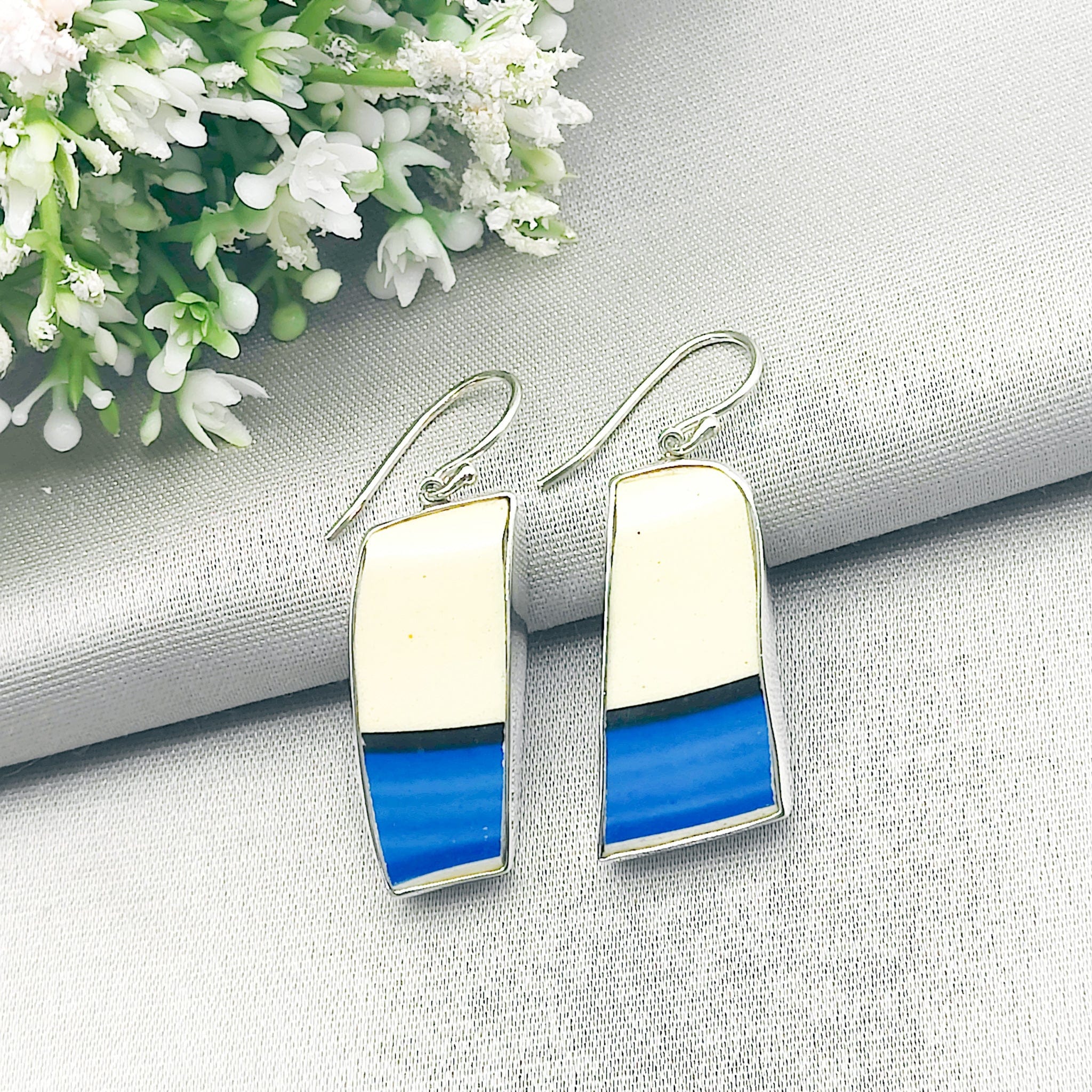 Hepburn and Hughes Art Deco Long Drop Earrings | 42mm length | Original Clarice Cliff Pottery | Sterling Silver