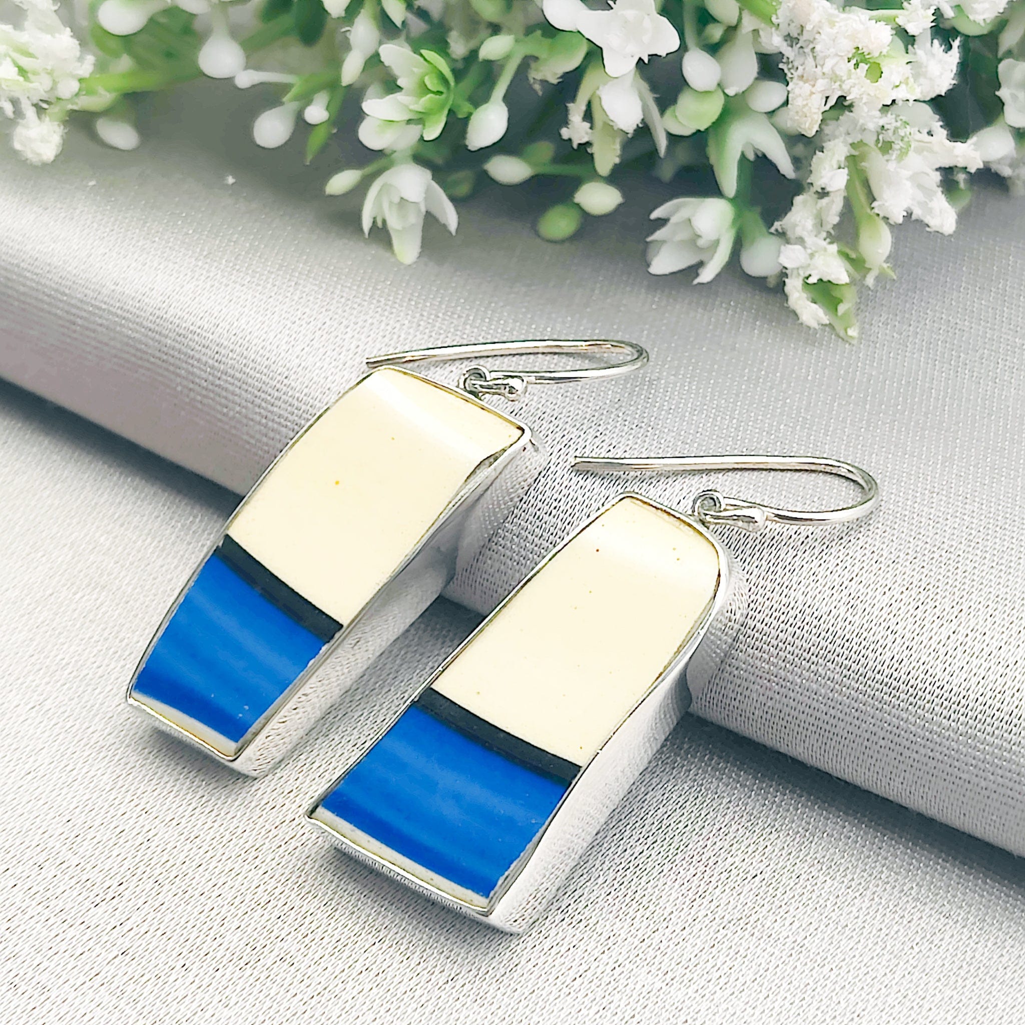 Hepburn and Hughes Art Deco Long Drop Earrings | 42mm length | Original Clarice Cliff Pottery | Sterling Silver