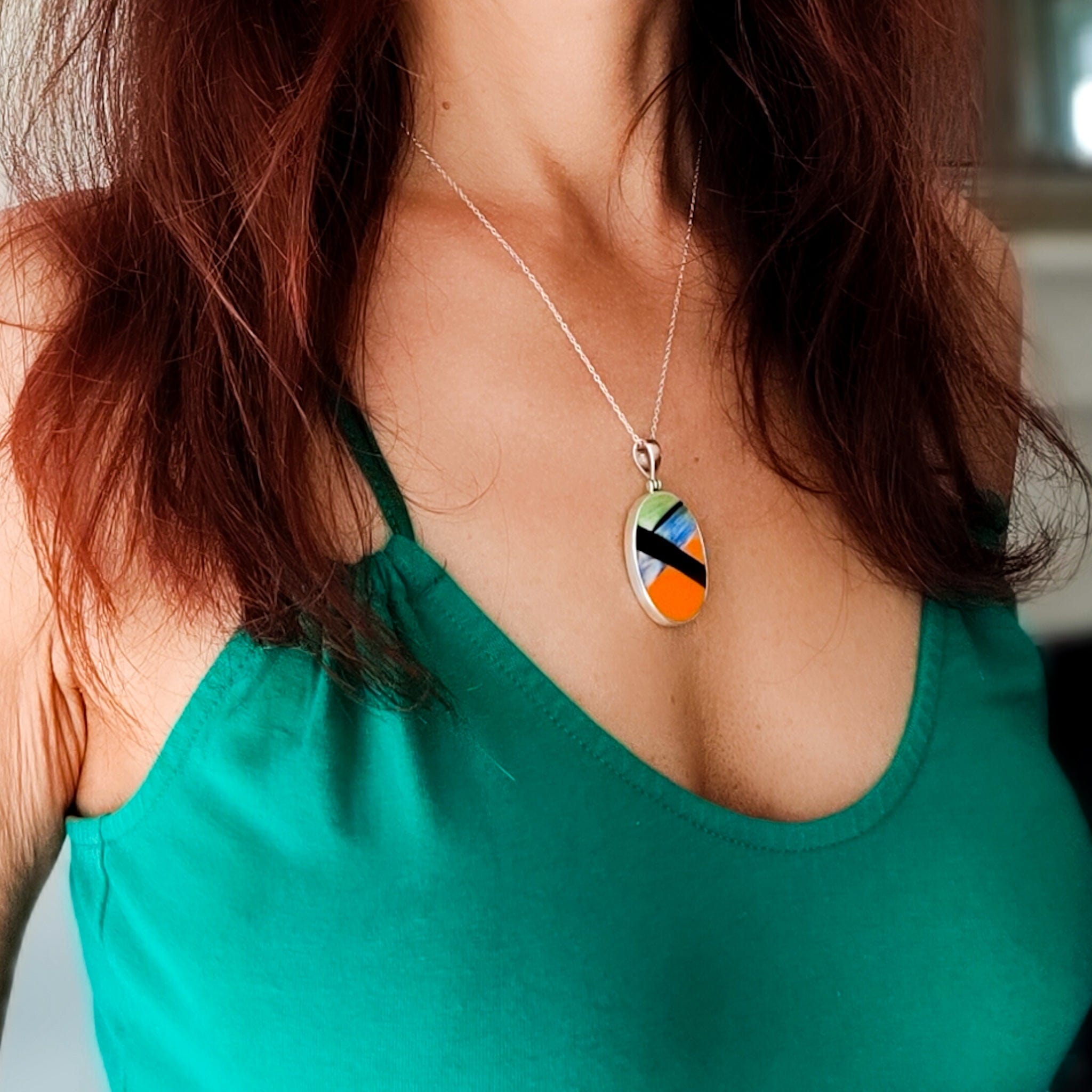 Hepburn and Hughes Art Deco Necklace | Clarice Cliff Pendant 35mm | Ceramic Oval | Sterling Silver