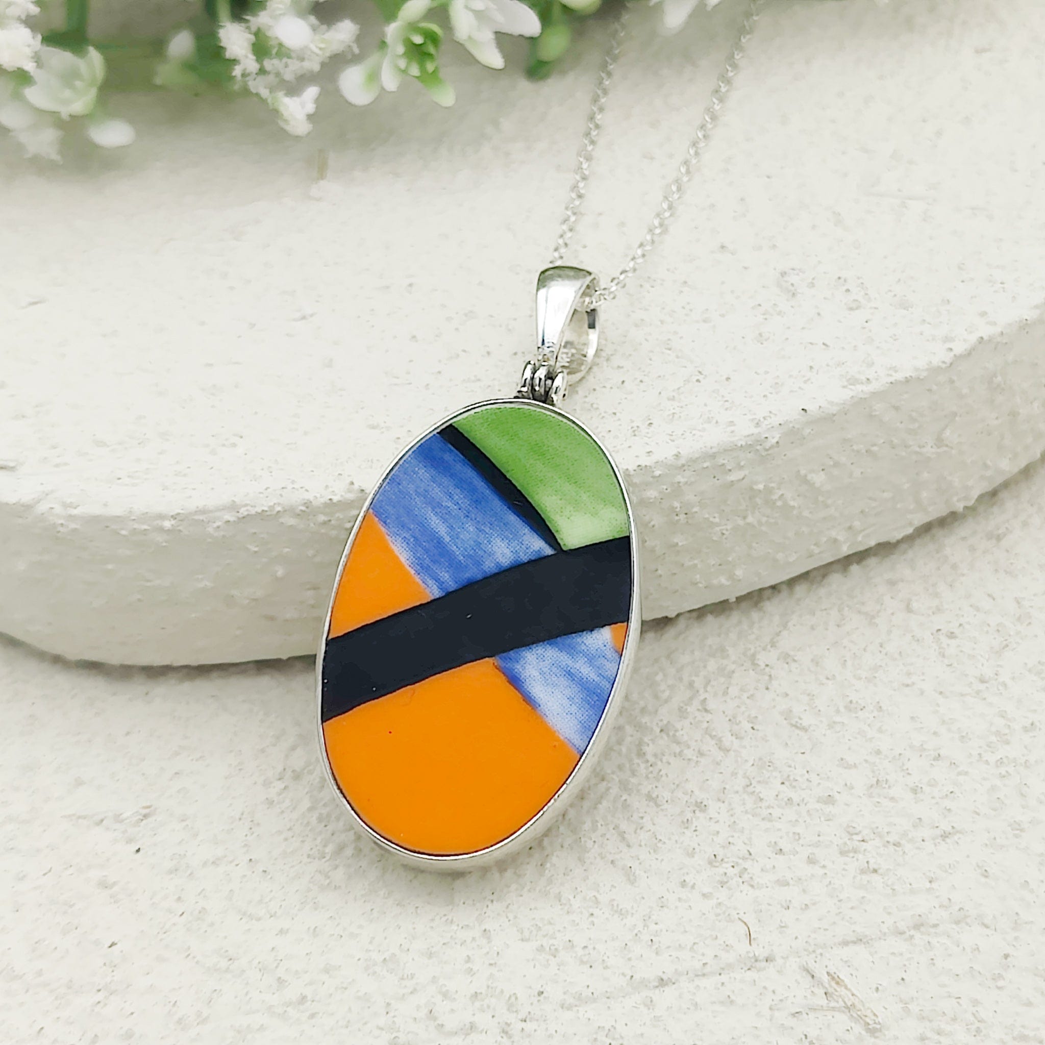 Hepburn and Hughes Art Deco Necklace | Clarice Cliff Pendant 35mm | Ceramic Oval | Sterling Silver