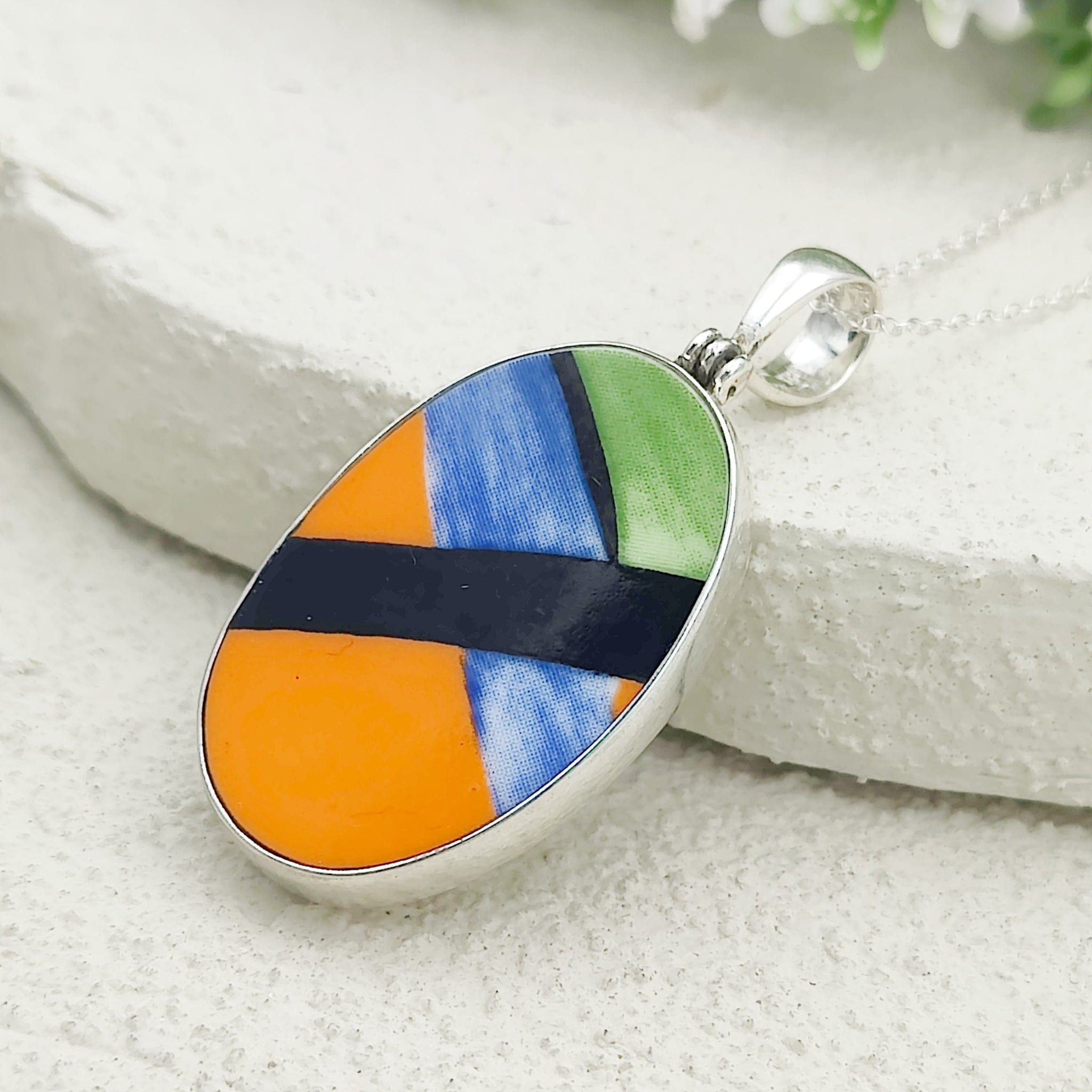 Hepburn and Hughes Art Deco Necklace | Clarice Cliff Pendant 35mm | Ceramic Oval | Sterling Silver