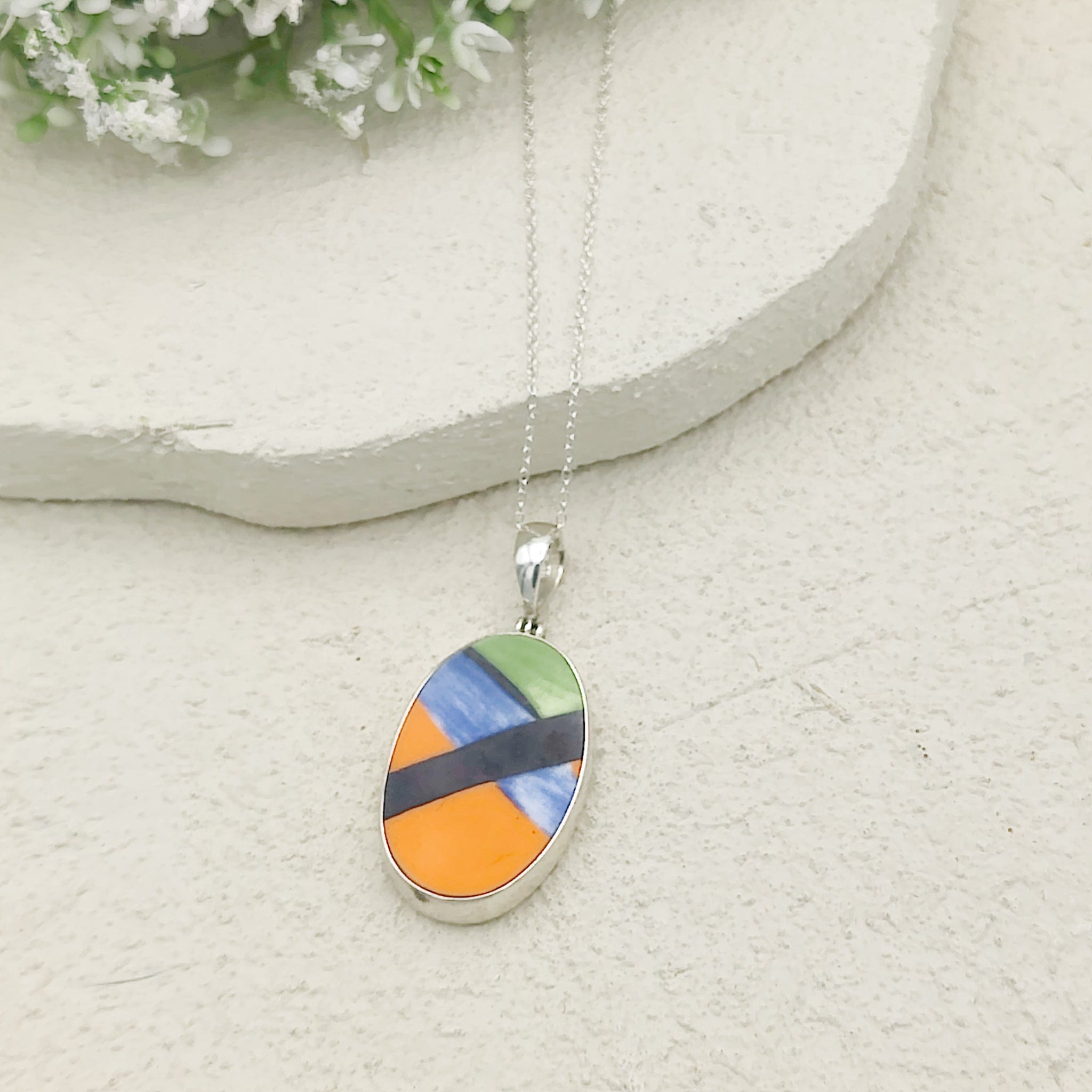 Hepburn and Hughes Art Deco Necklace | Clarice Cliff Pendant 35mm | Ceramic Oval | Sterling Silver