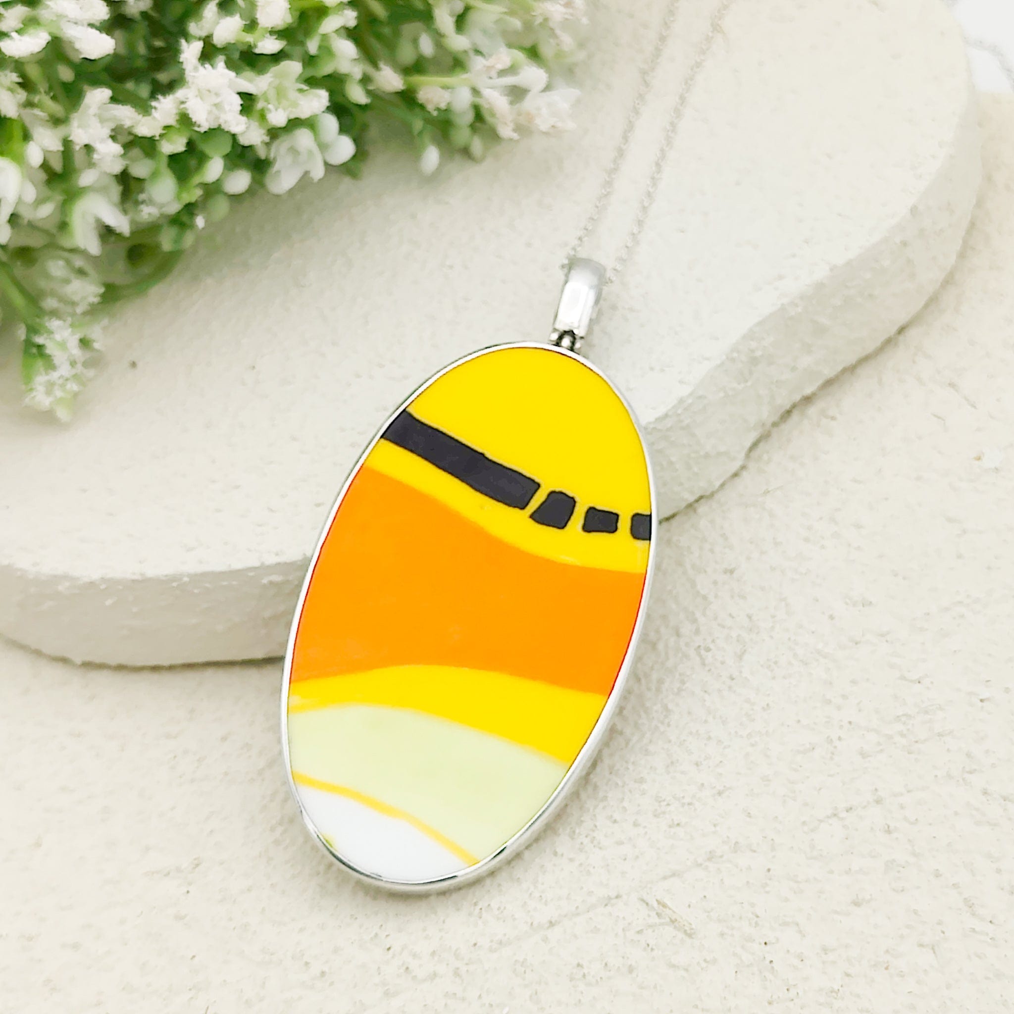 Hepburn and Hughes Art Deco Necklace | Clarice Cliff Pendant 65mm | Ceramic Oval | Sterling Silver
