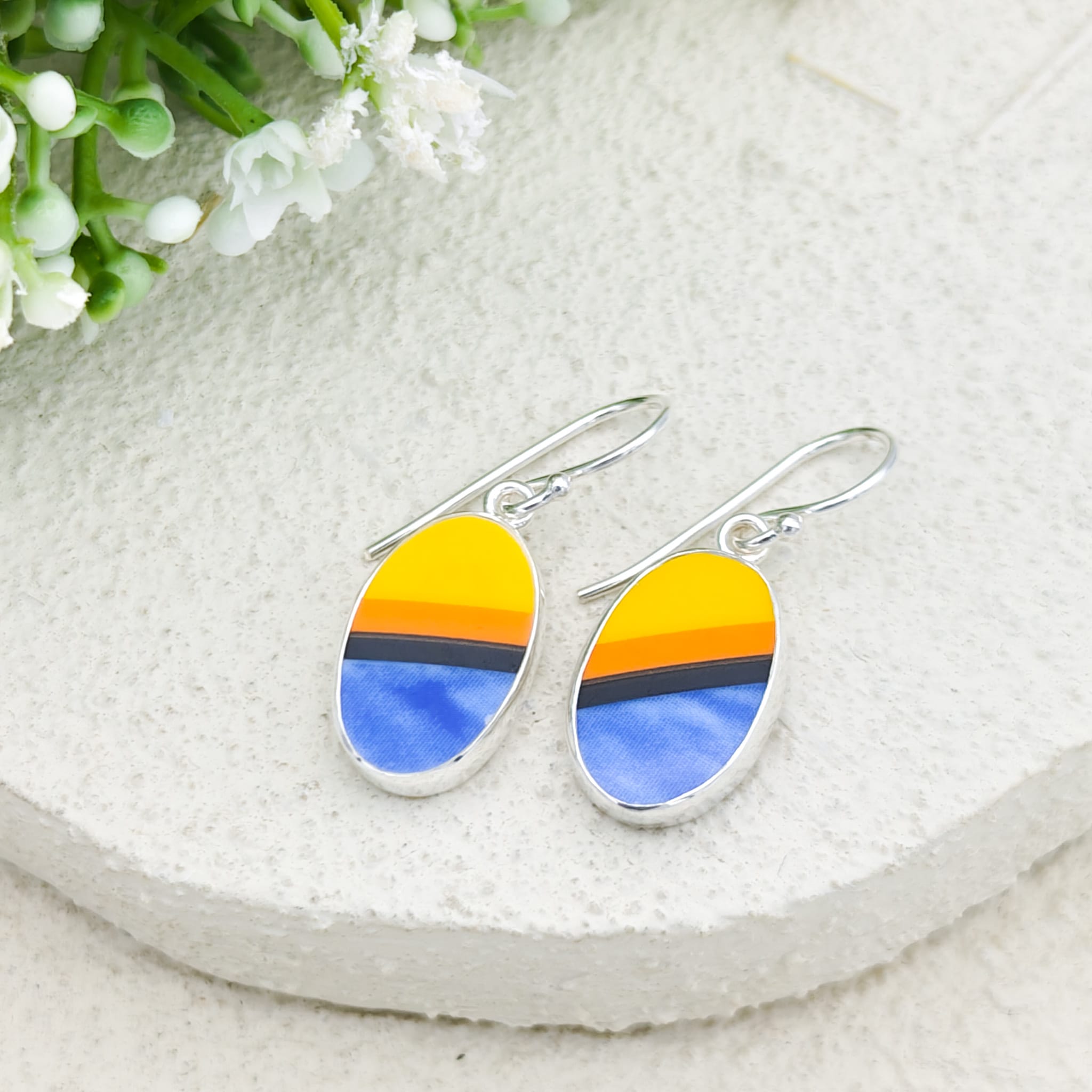 Hepburn and Hughes Art Deco Oval Earrings in Sterling Silver | Clarice Cliff Pottery | Garden Blue design