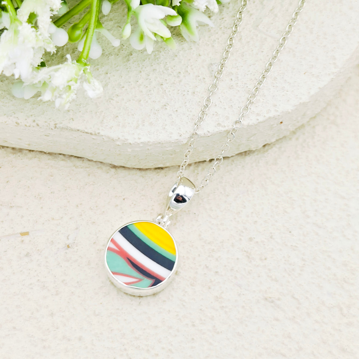 Hepburn and Hughes Art Deco Pendant | Circular Clarice Cliff Necklace | 15mm diameter | Sterling Silver