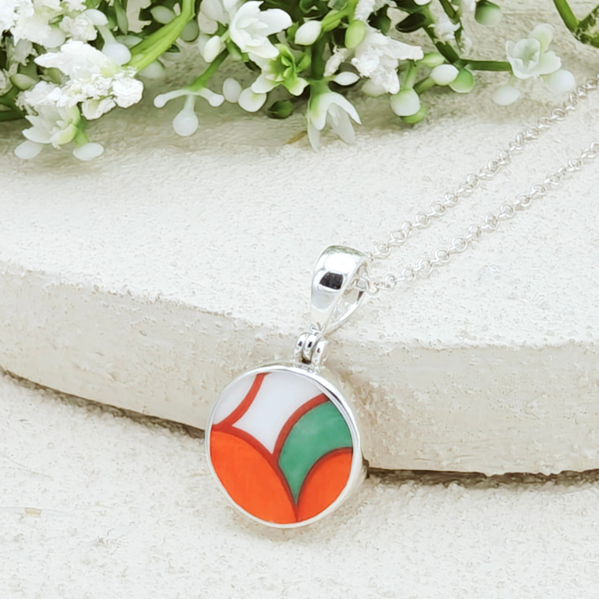 Hepburn and Hughes Art Deco Pendant | Circular Clarice Cliff Necklace | 15mm diameter | Sterling Silver