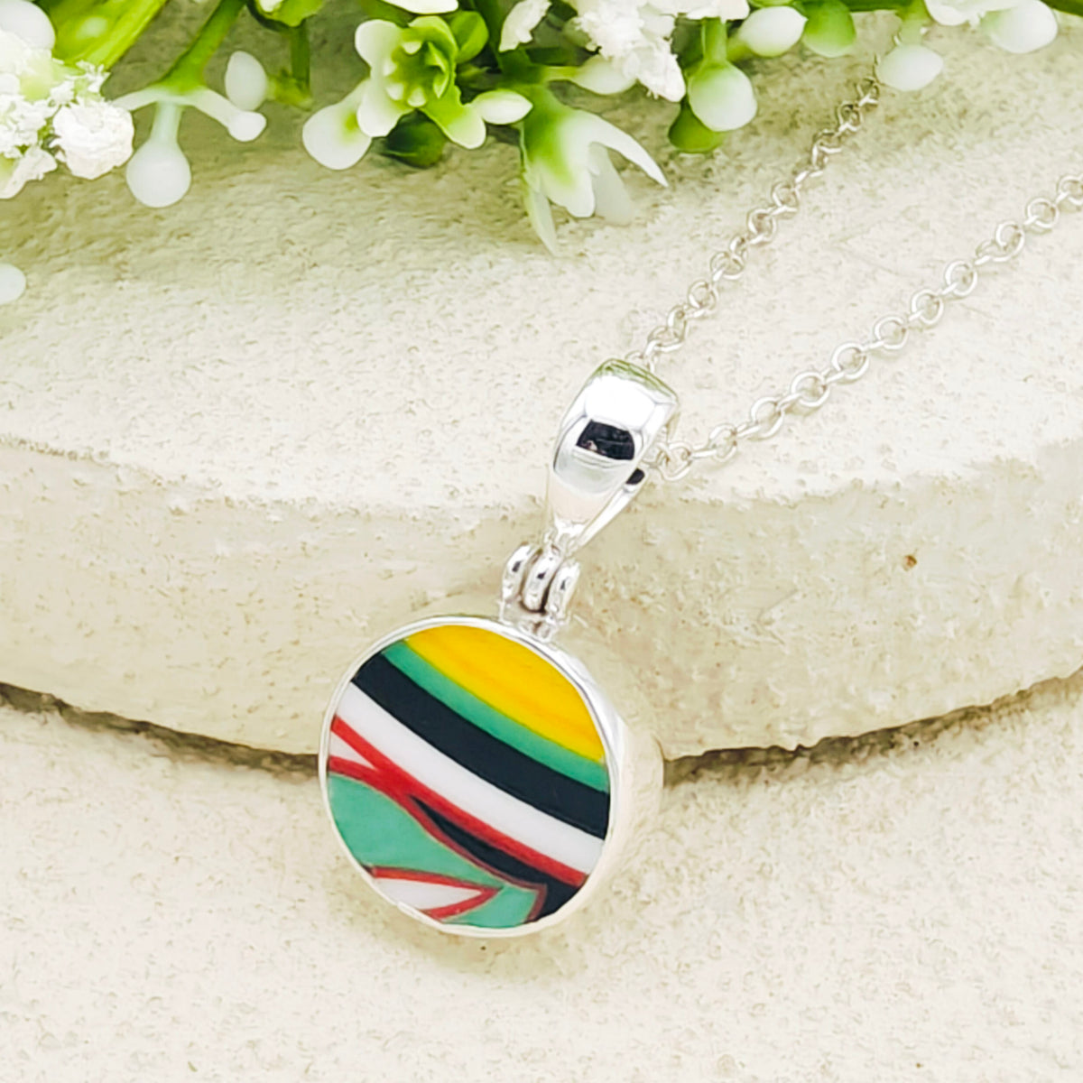 Hepburn and Hughes Art Deco Pendant | Circular Clarice Cliff Necklace | 15mm diameter | Sterling Silver