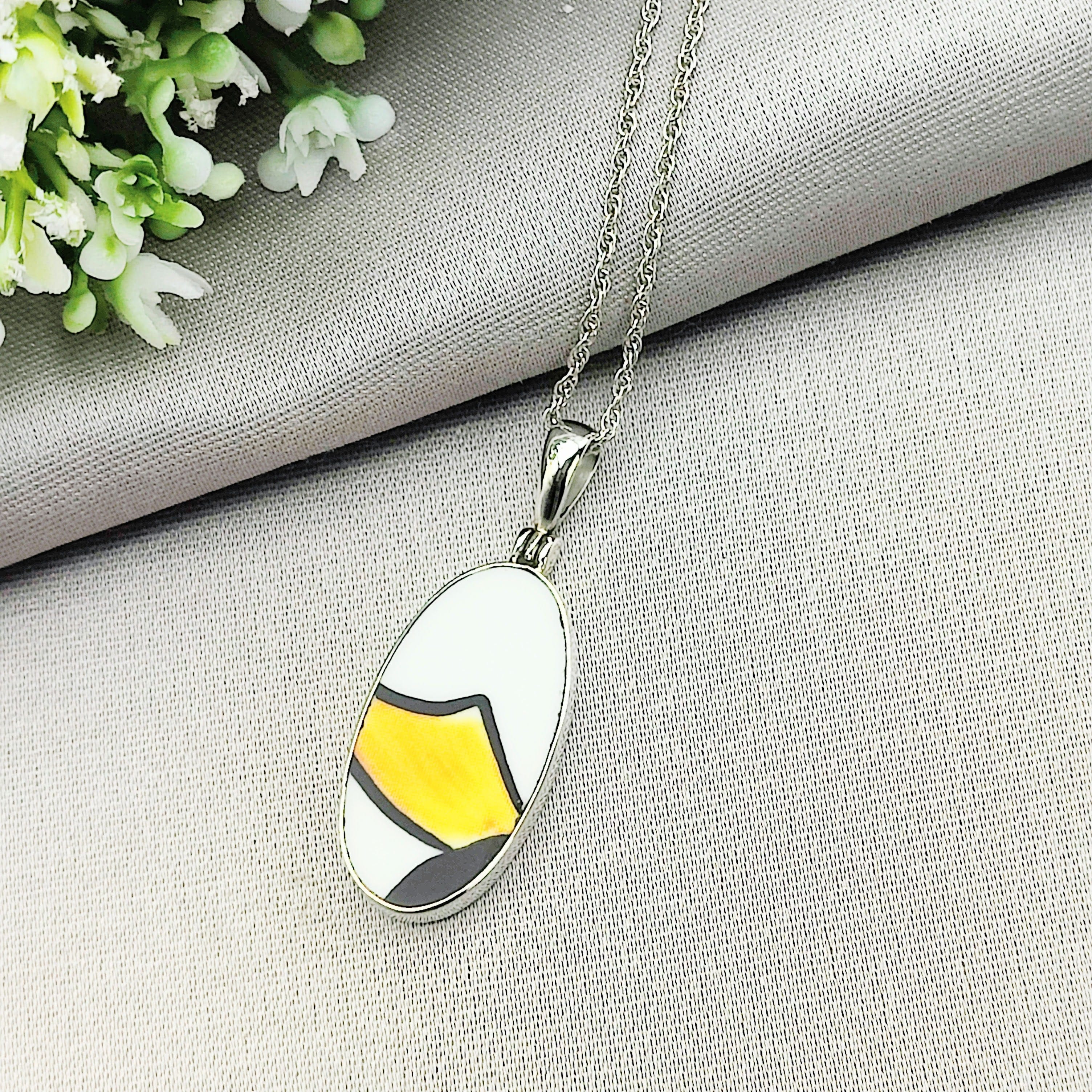 Hepburn and Hughes Art Deco Pendant | Clarice Cliff Ceramics | 30mm Oval | Sterling Silver
