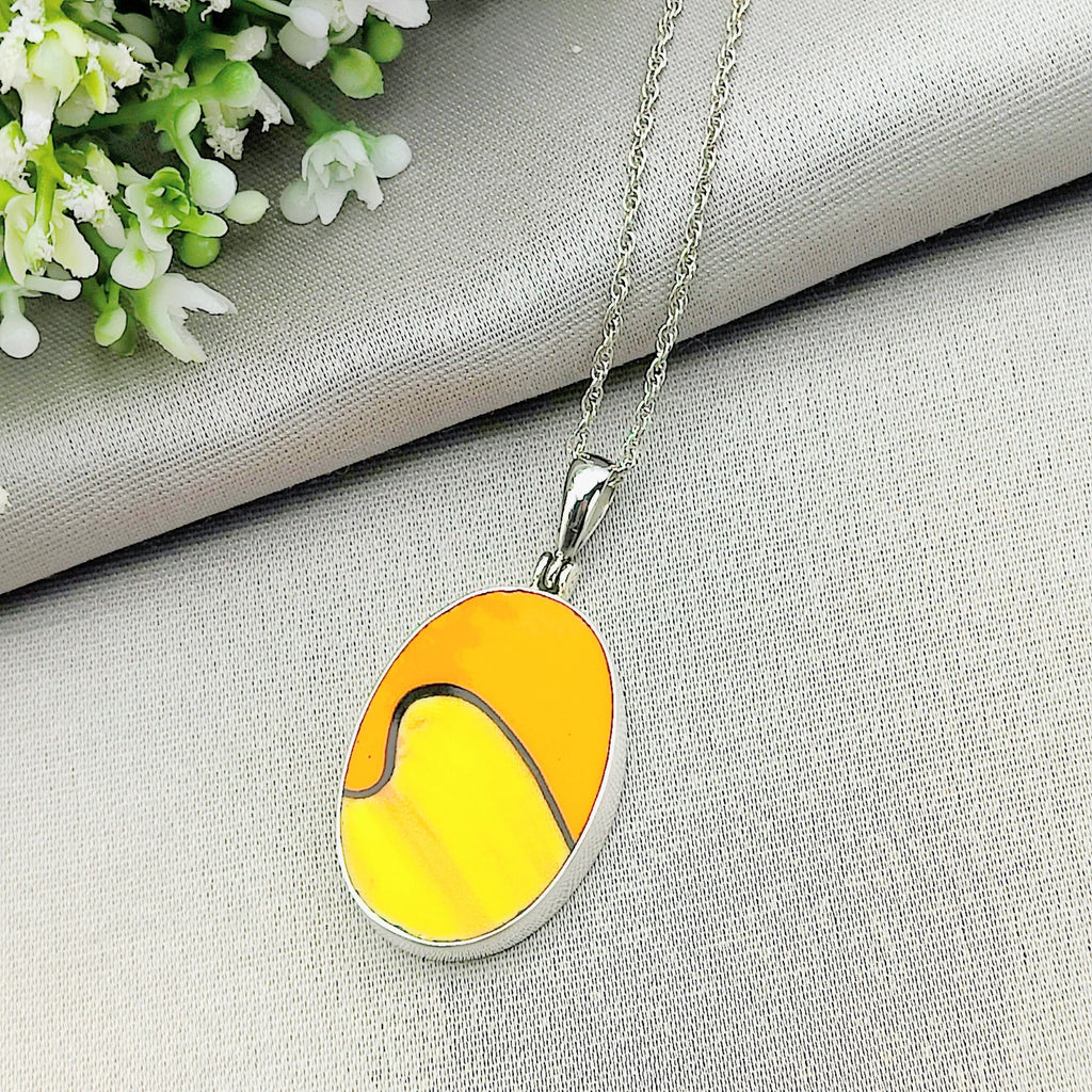 Hepburn and Hughes Art Deco Pendant | Clarice Cliff Oval Necklace 35mm | Sterling Silver and Ceramic