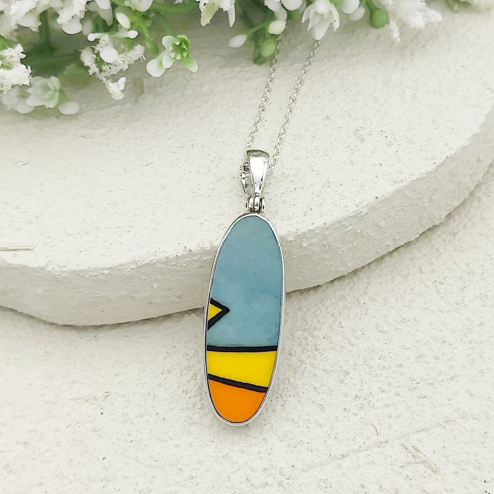 Hepburn and Hughes Art Deco Pendant | Clarice Cliff Pottery | 35mm x 12mm Oval |  Sterling Silver