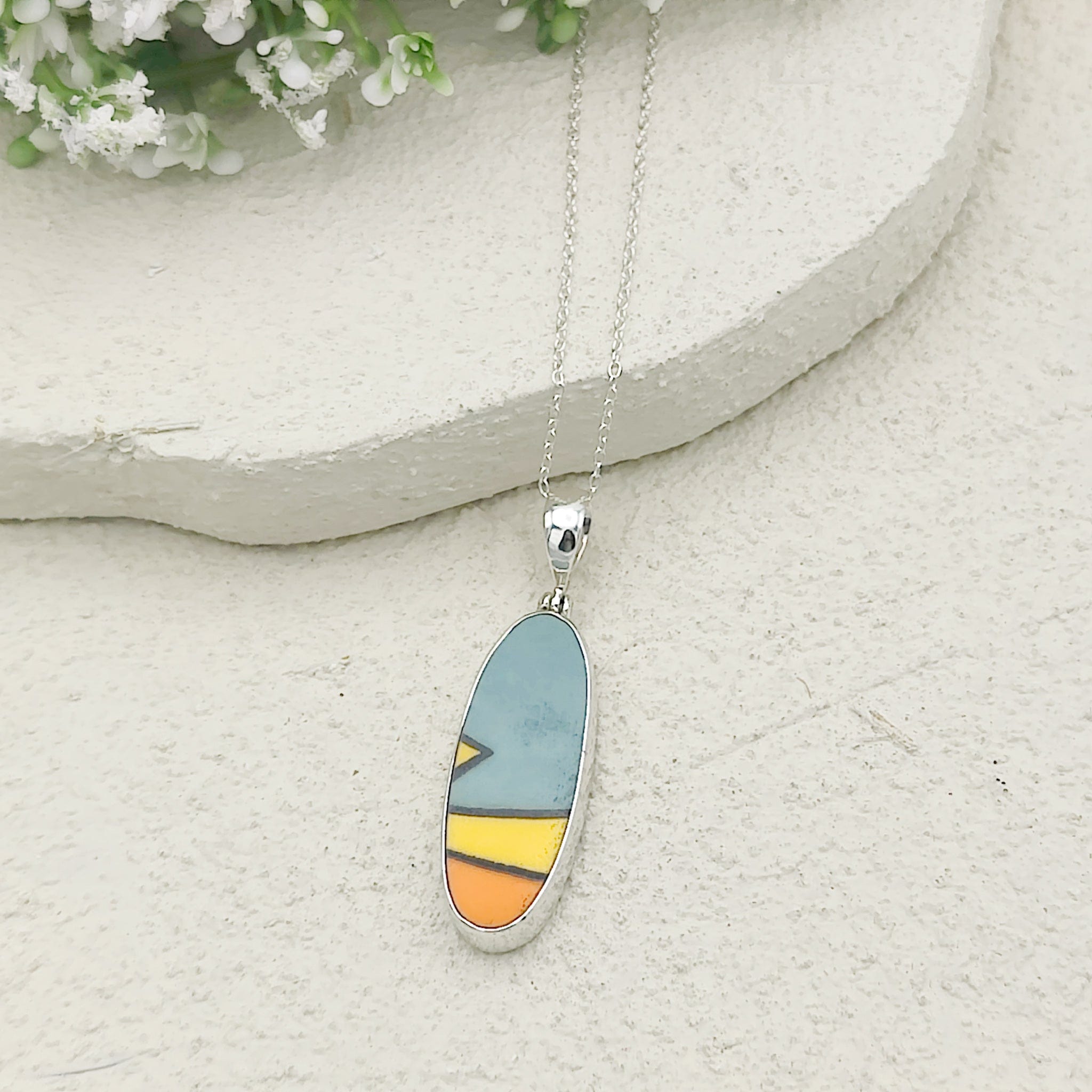 Hepburn and Hughes Art Deco Pendant | Clarice Cliff Pottery | 35mm x 12mm Oval |  Sterling Silver