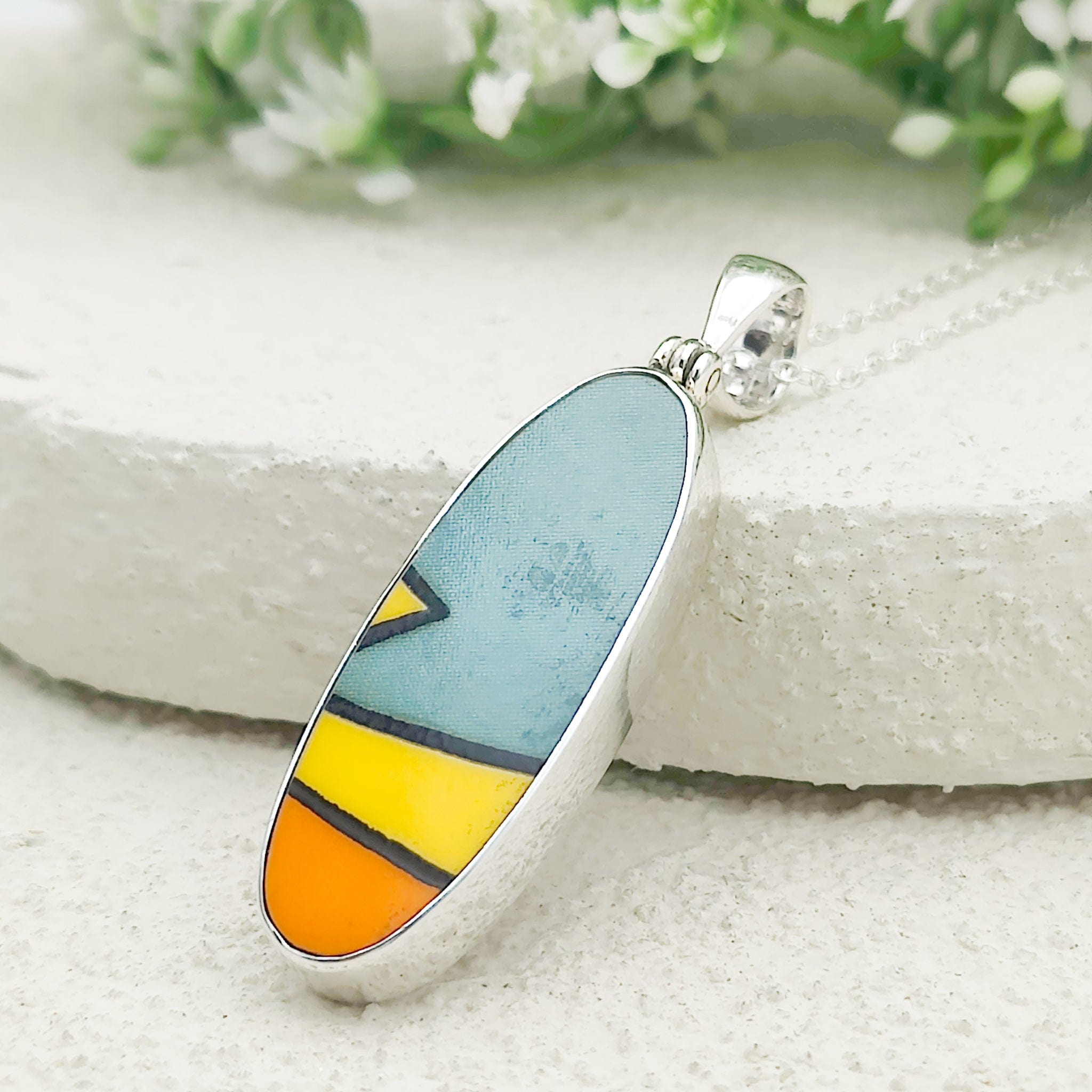 Hepburn and Hughes Art Deco Pendant | Clarice Cliff Pottery | 35mm x 12mm Oval |  Sterling Silver