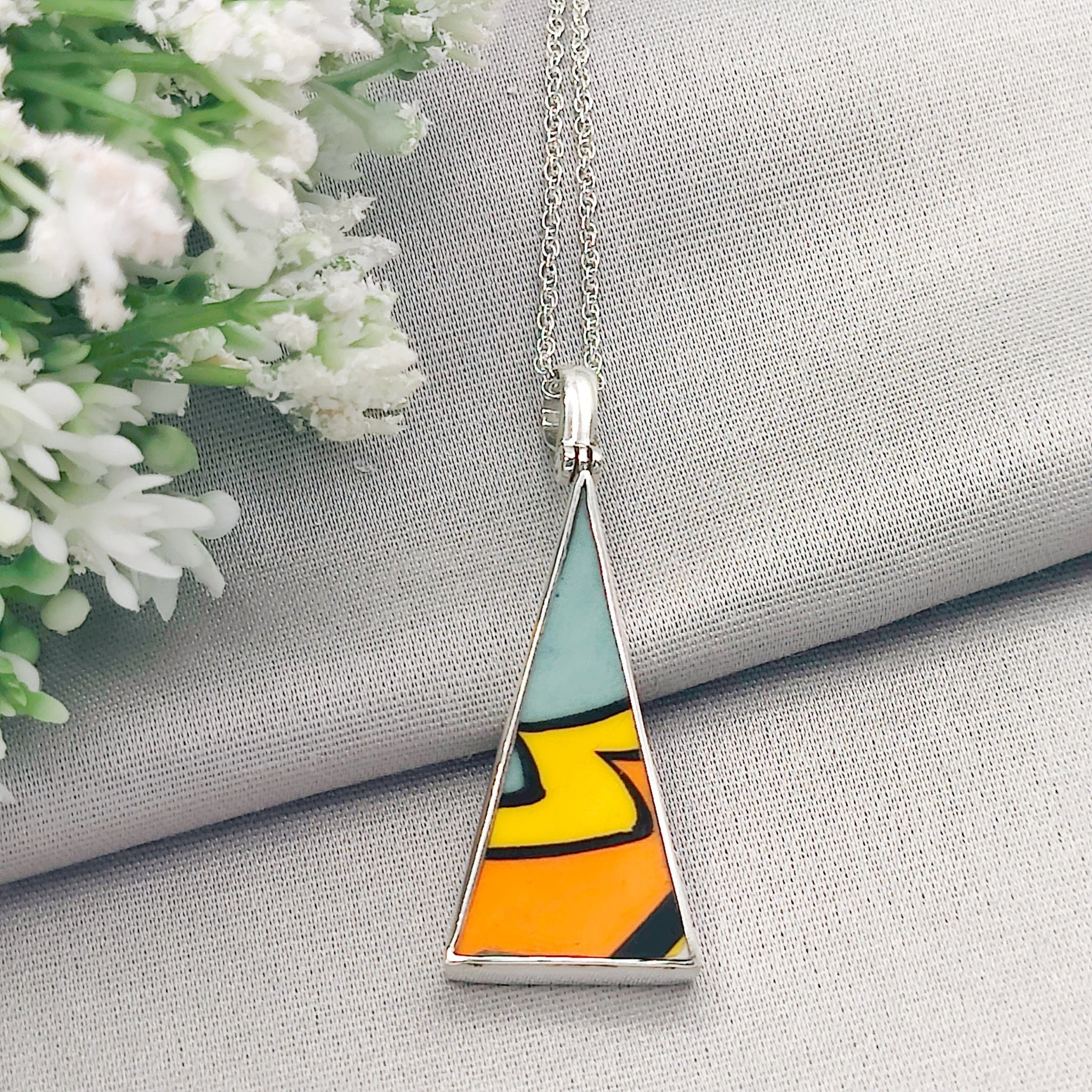 Hepburn and Hughes Art Deco Pendant | Clarice Cliff Pottery | 38mm Triangle | Sterling Silver