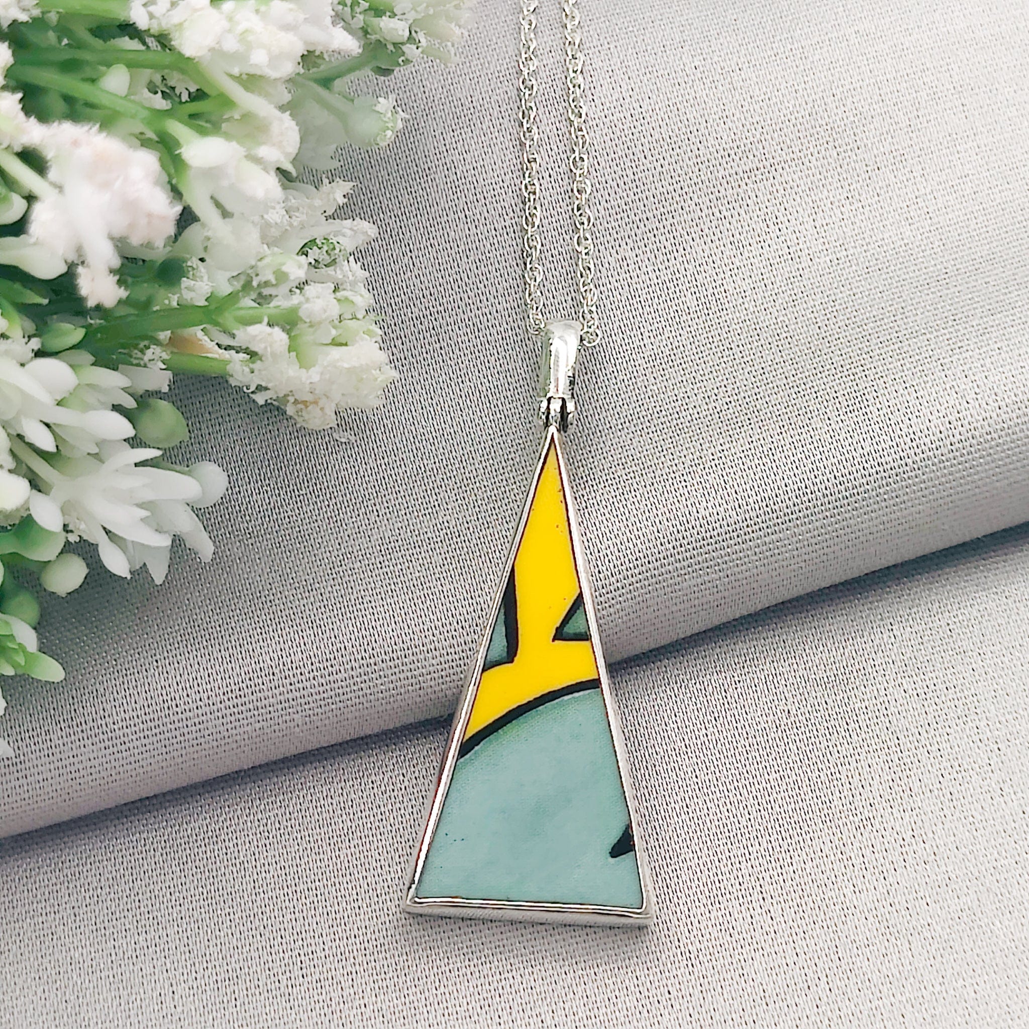 Hepburn and Hughes Art Deco Pendant | Clarice Cliff Pottery | 38mm Triangle | Sterling Silver