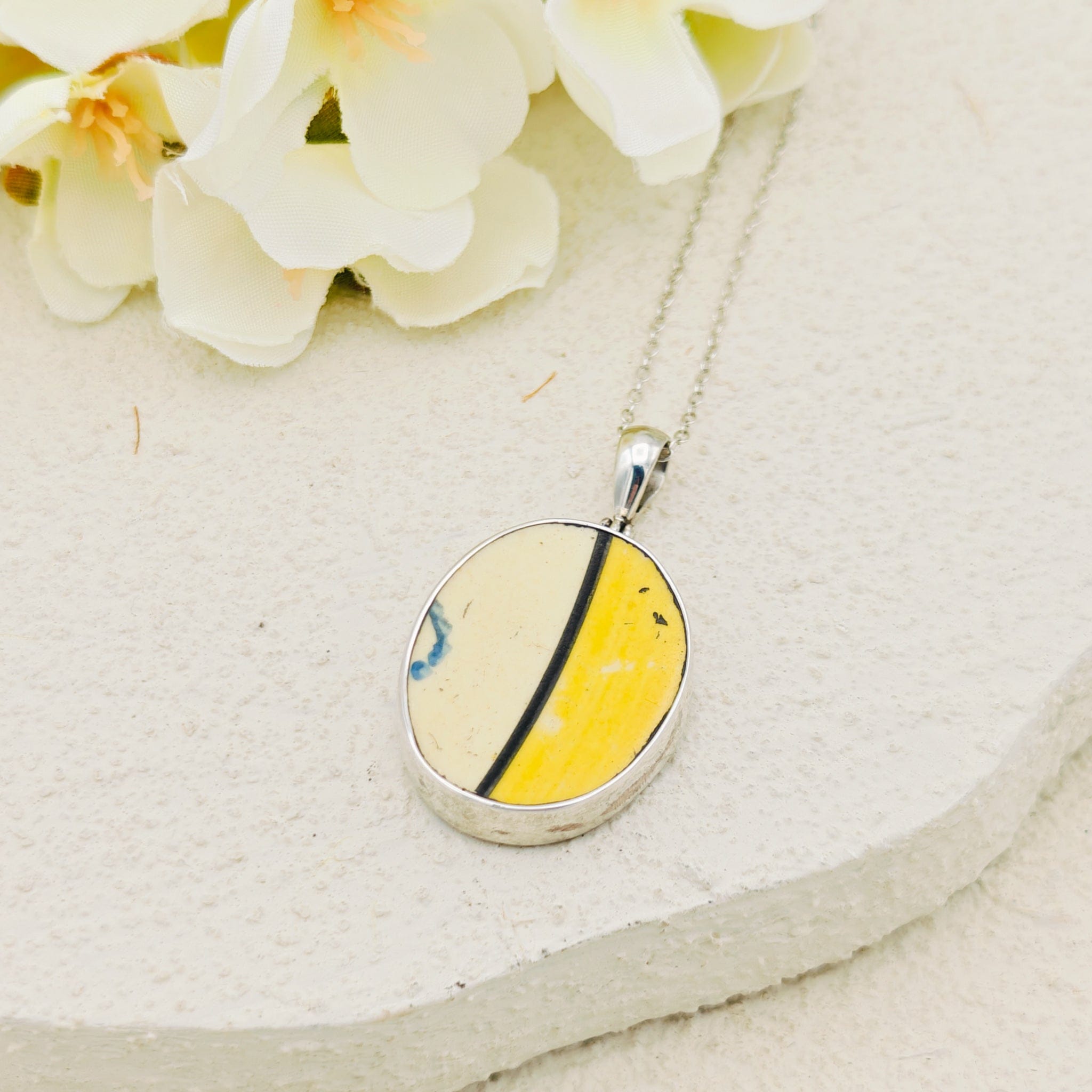 Hepburn and Hughes Art Deco Pendant | Original Clarice Cliff Ceramics | 25mm Yellow and White Oval | Sterling Silver