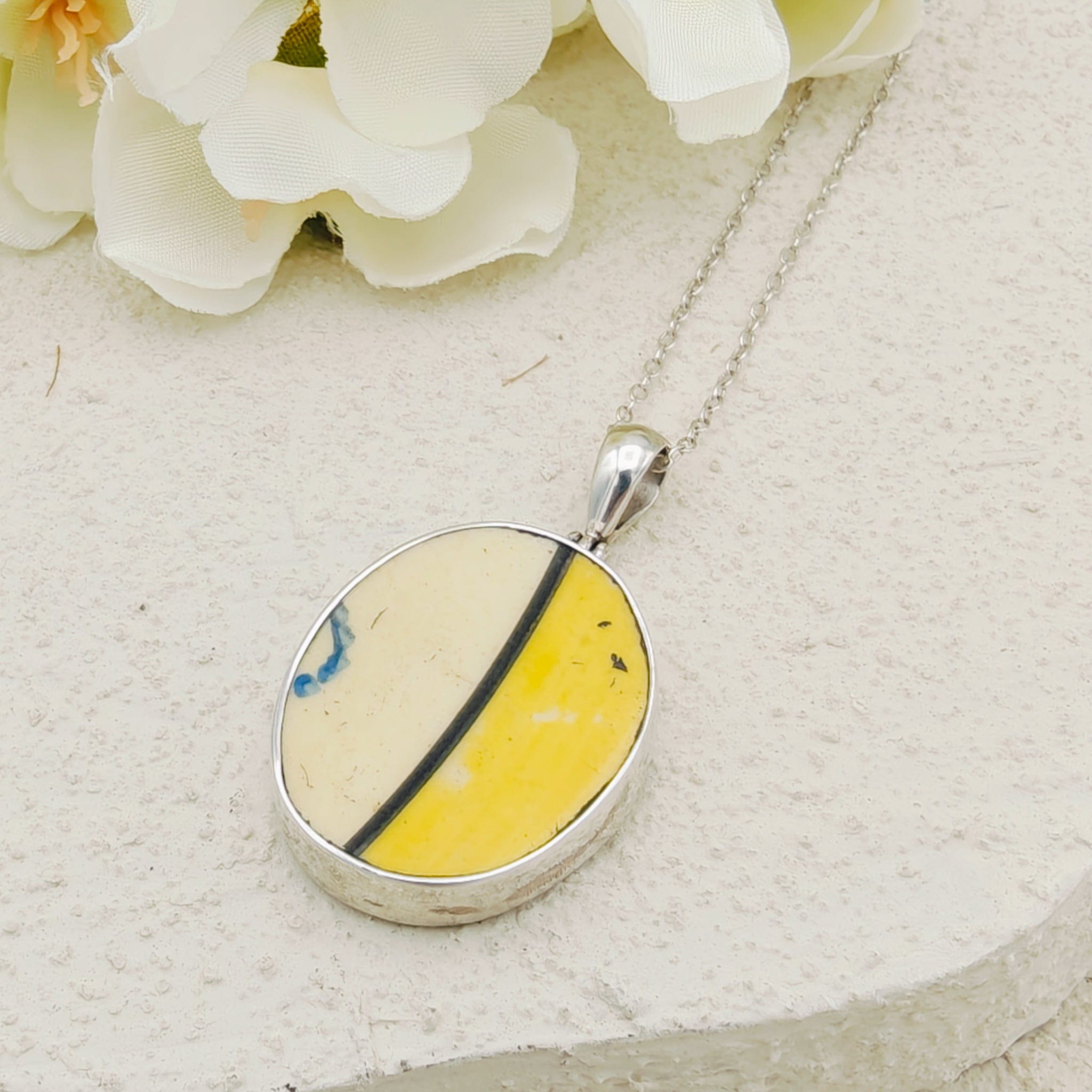 Hepburn and Hughes Art Deco Pendant | Original Clarice Cliff Ceramics | 25mm Yellow and White Oval | Sterling Silver