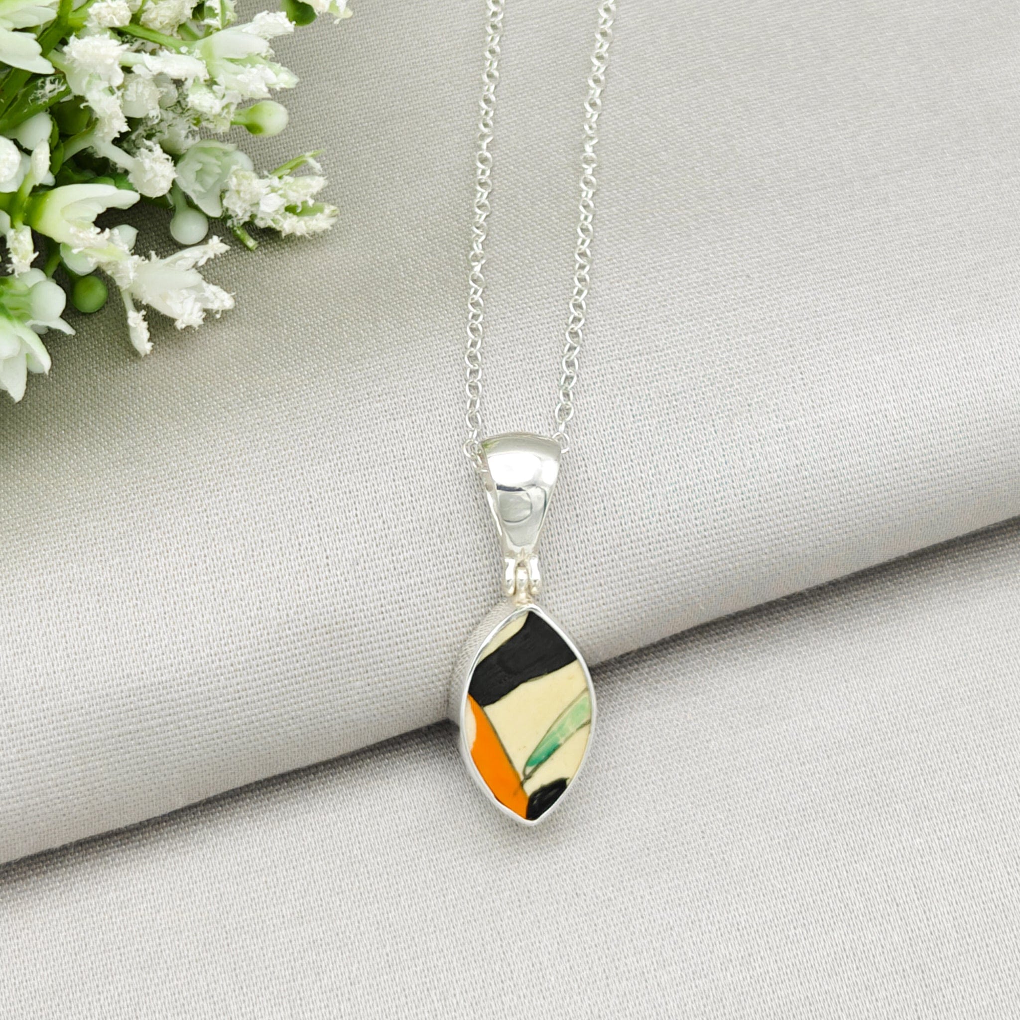 Hepburn and Hughes Art Deco Pendant | Original Clarice Cliff Pottery | 20mm Abstract | Sterling Silver