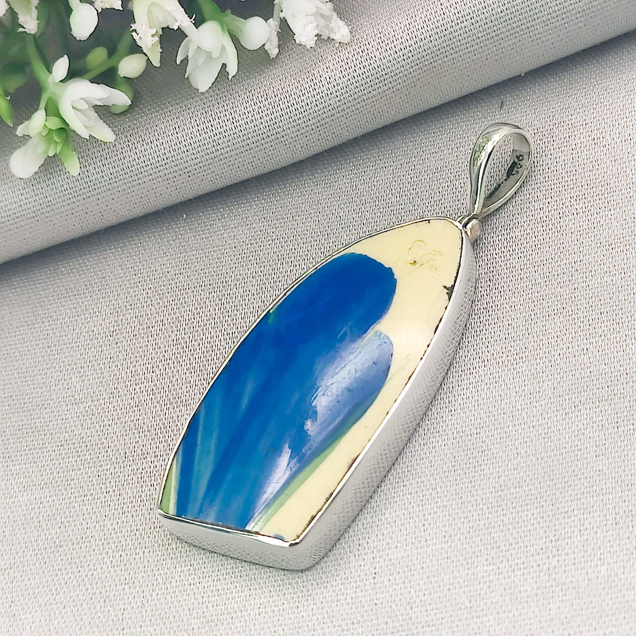 Hepburn and Hughes Art Deco Pendant | Original Clarice Cliff Pottery | Blue Abstract | Sterling Silver