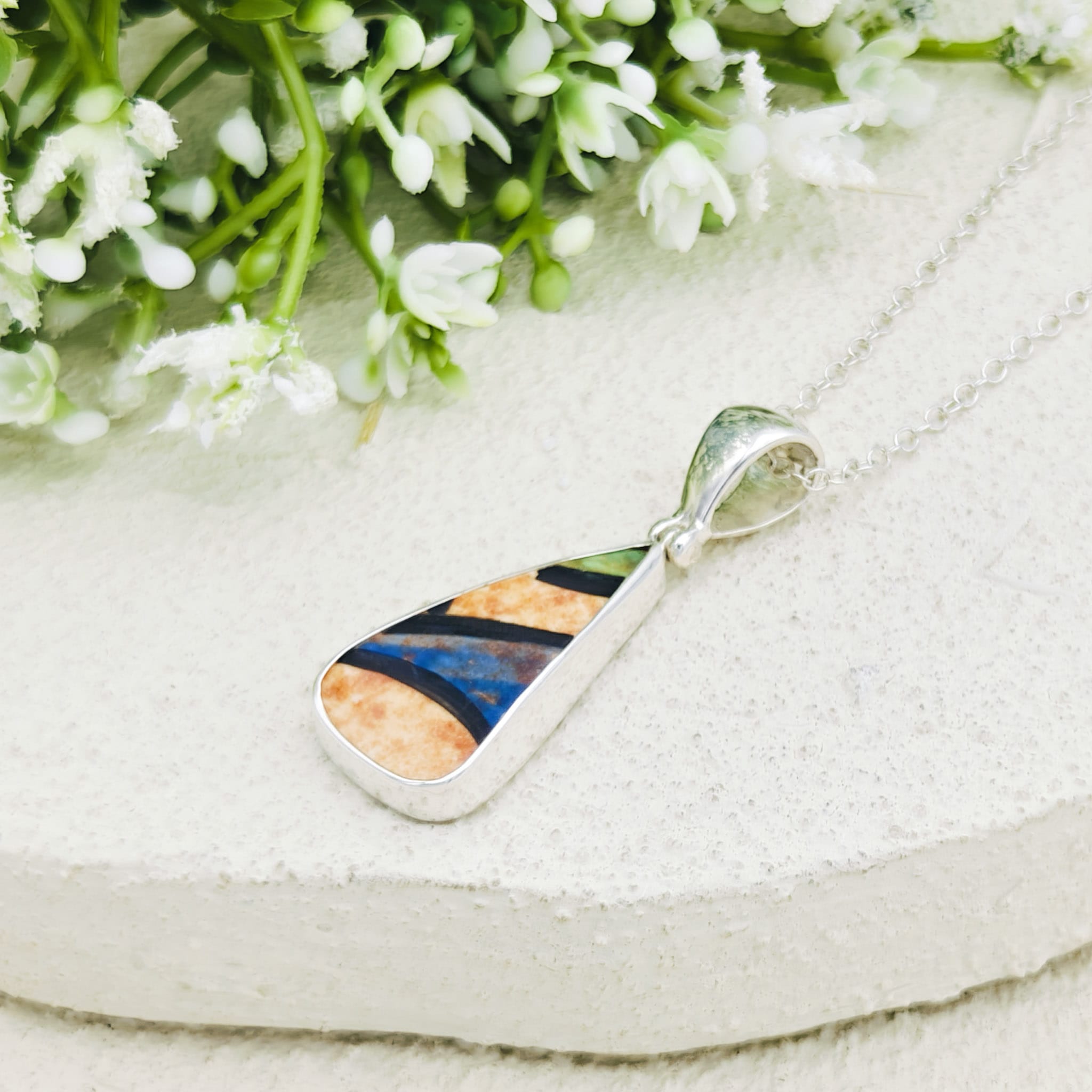 Hepburn and Hughes Art Deco Pendant | Original Clarice Cliff Pottery | Blue Abstract | Sterling Silver