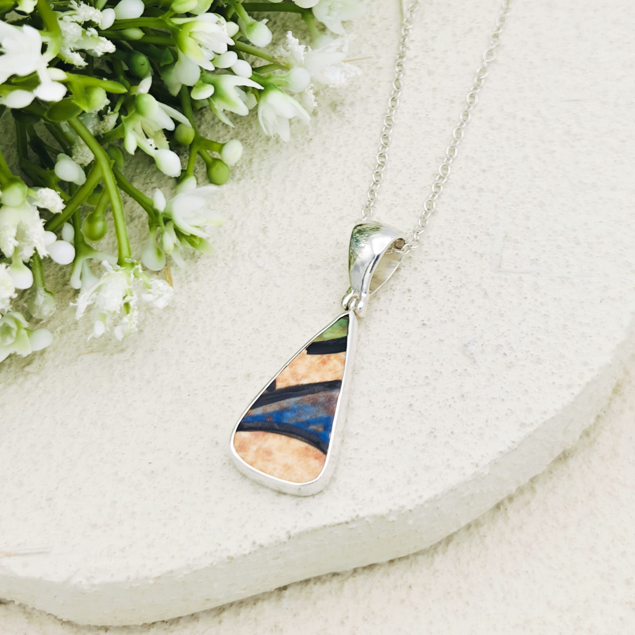 Hepburn and Hughes Art Deco Pendant | Original Clarice Cliff Pottery | Blue Abstract | Sterling Silver