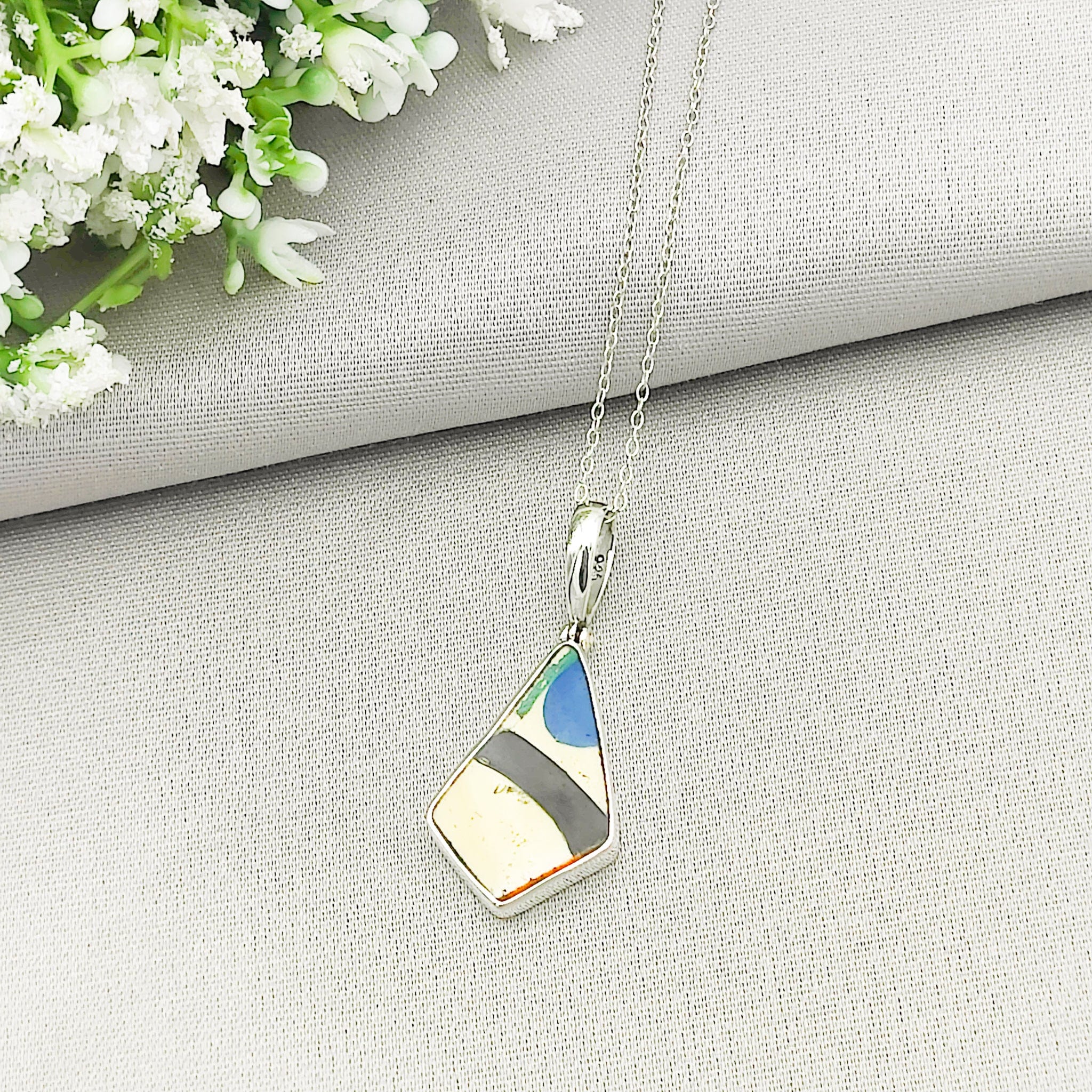 Hepburn and Hughes Art Deco Pendant | Original Clarice Cliff Pottery | Blue Triangle | Sterling Silver
