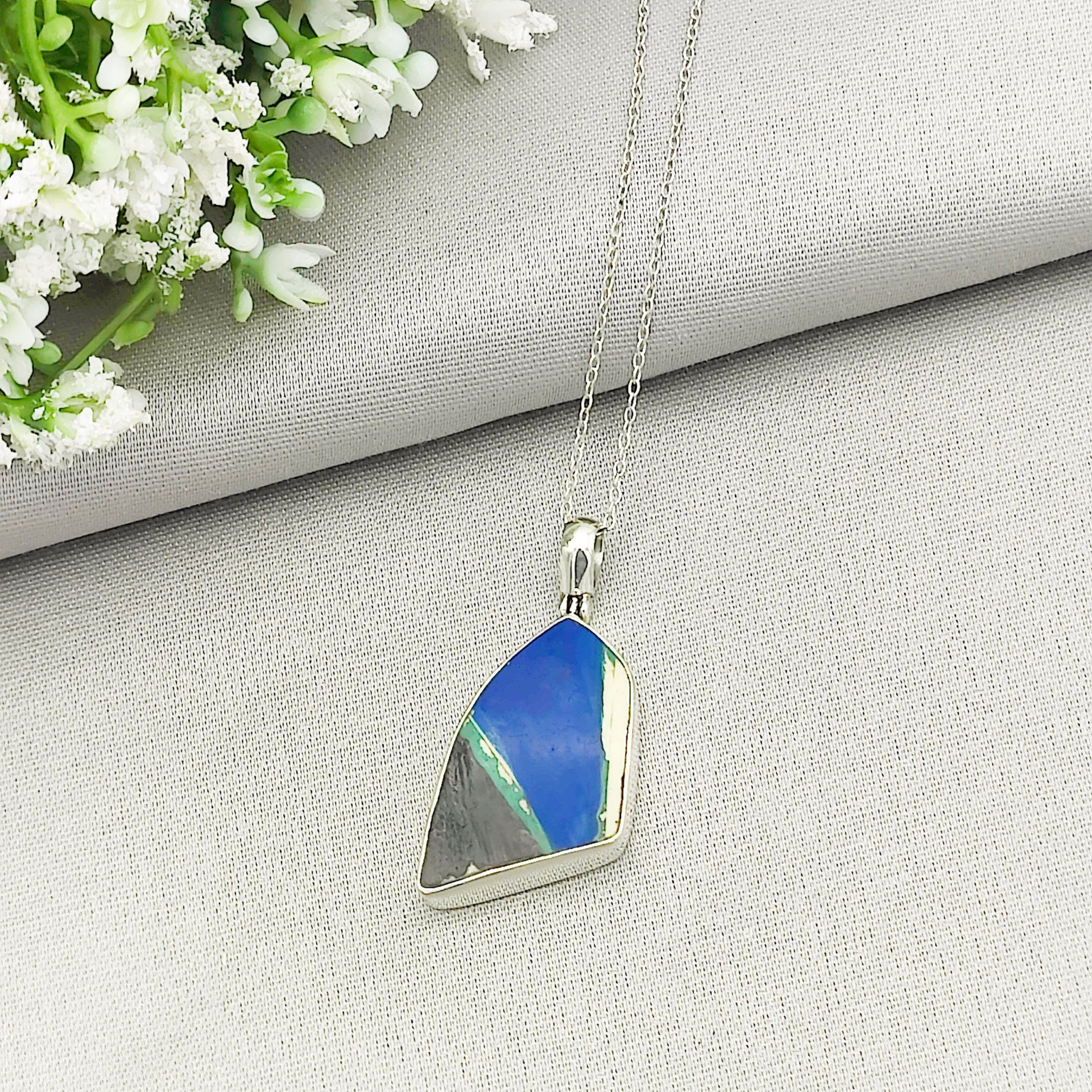 Hepburn and Hughes Art Deco Pendant | Original Clarice Cliff Pottery | Blue Triangle | Sterling Silver